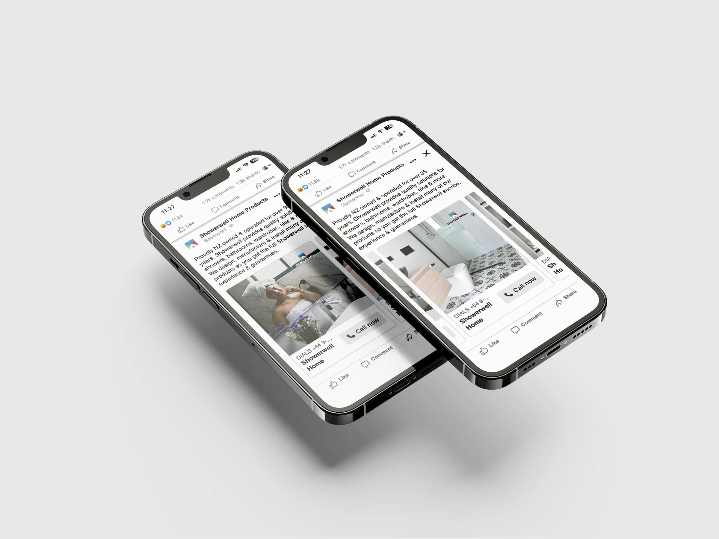 Two smartphones lying side by side displaying social media posts about shower and bathroom products from Showerwell Home, with images of a bathroom and a person in a bath.