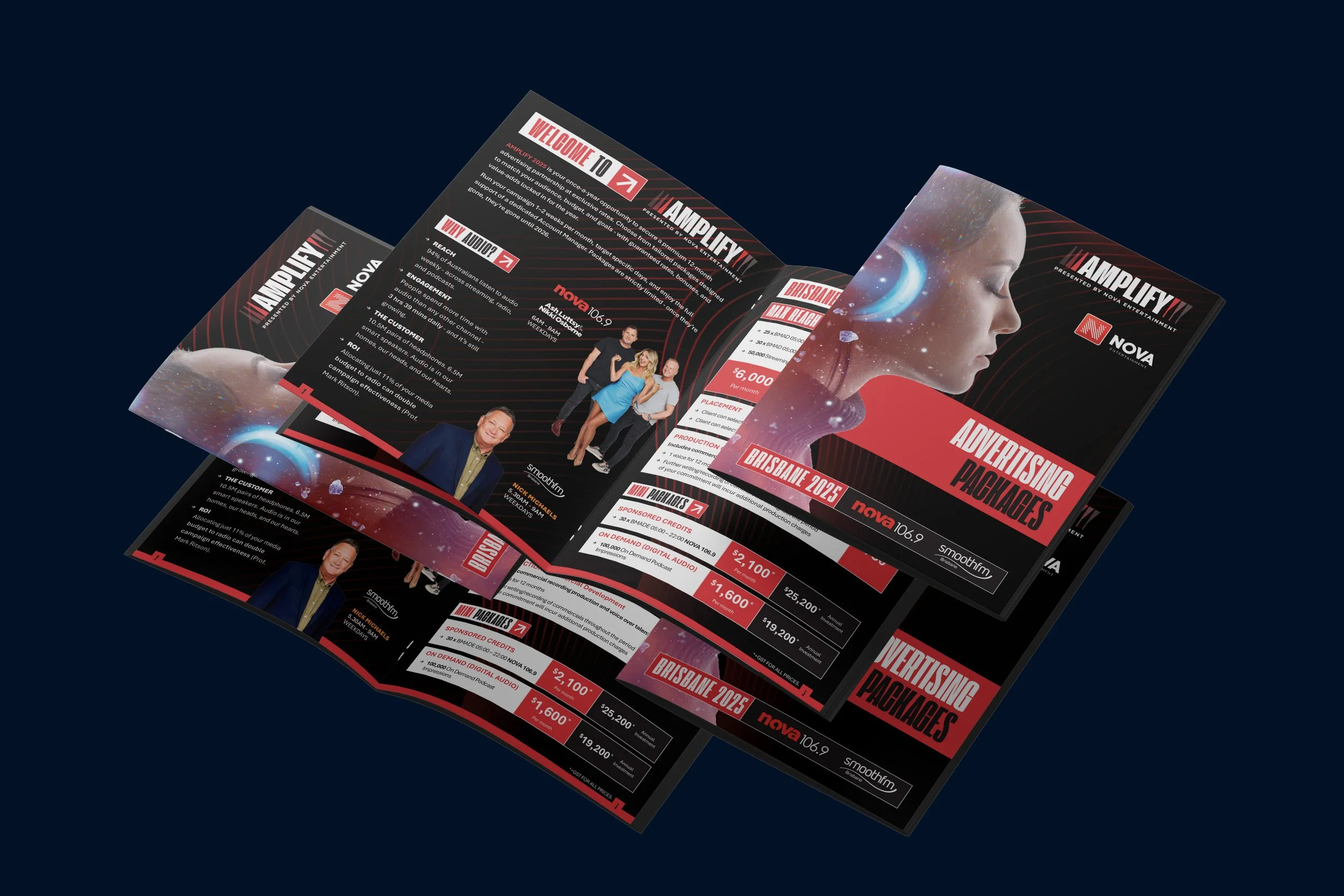 Brochure or flyer for Amplify Advertising Packages featuring a woman with closed eyes, stars, and a moon in her profile, with red and black design elements, promoting Amplify Brisbane 2025 event by Nova 106.9 and Smoothfm.