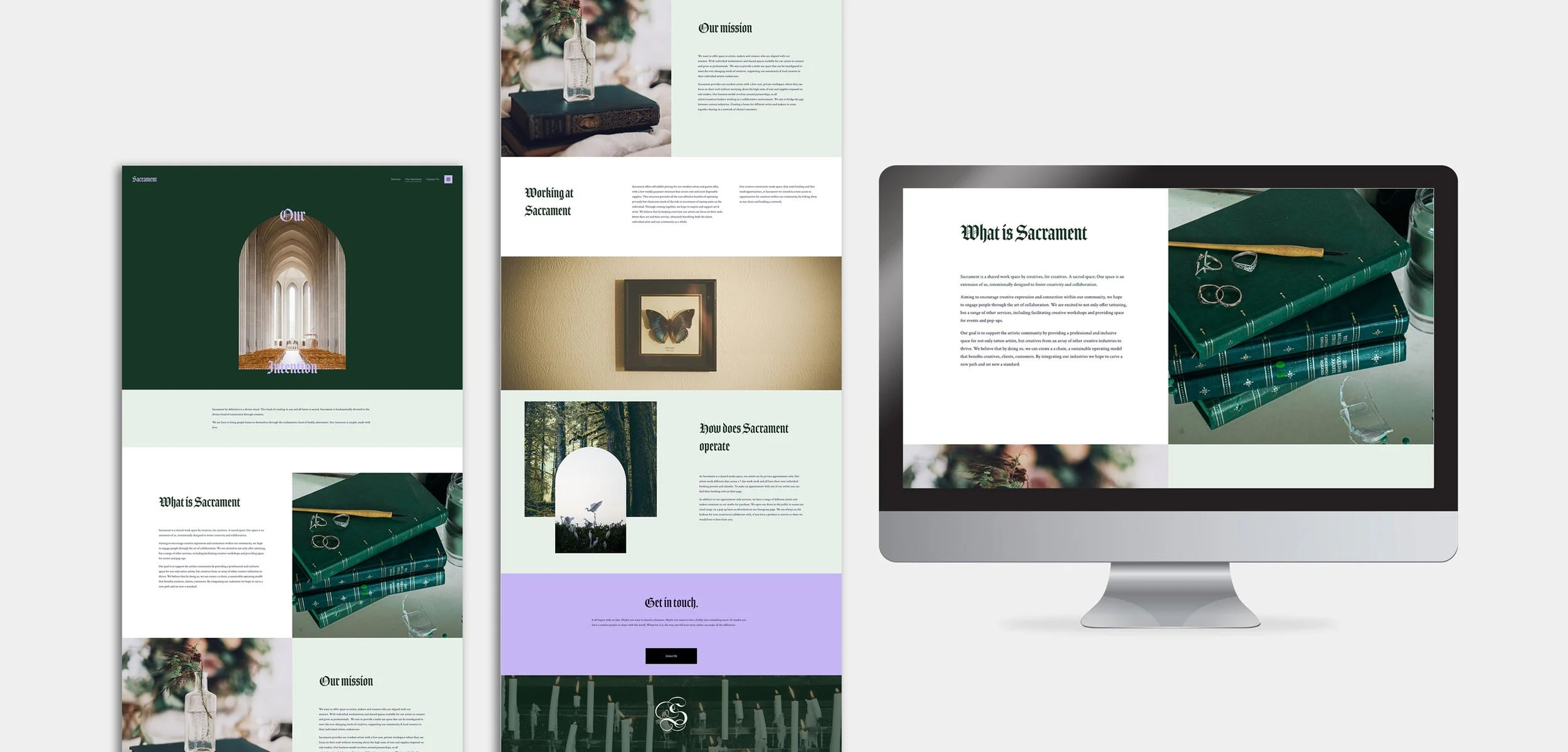 Screenshots of a website about Sacrament, featuring sections with text, images of books, jewelry, a framed butterfly, and nature scenes, displayed on multiple devices including a desktop monitor and a mobile device.