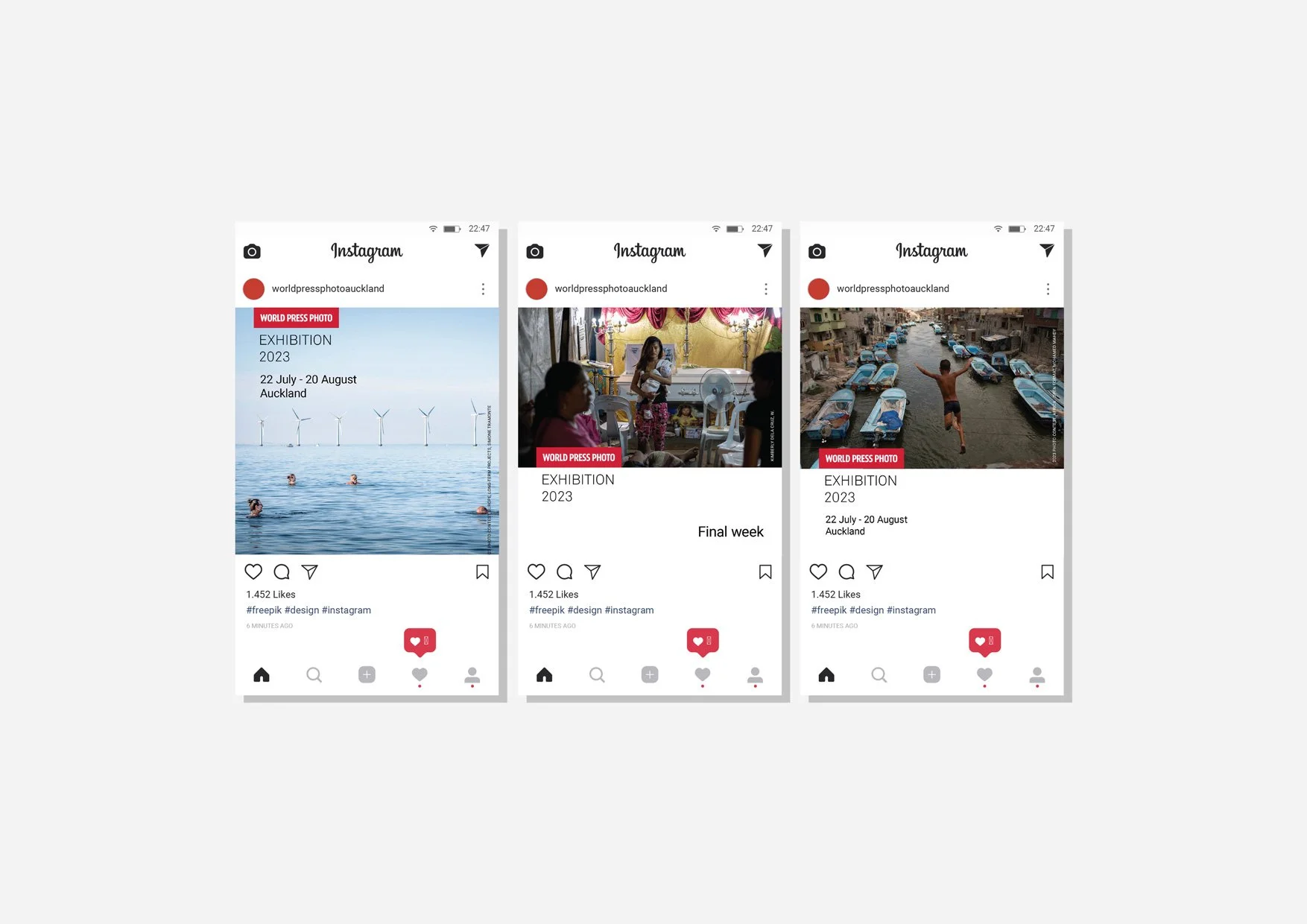 Three Instagram screenshots from 'worldpressphotoauckland' showing photos from a 2023 exhibition held in Auckland from July 22 to August 20. The first image shows people swimming with wind turbines in the background, the second depicts a woman speaki