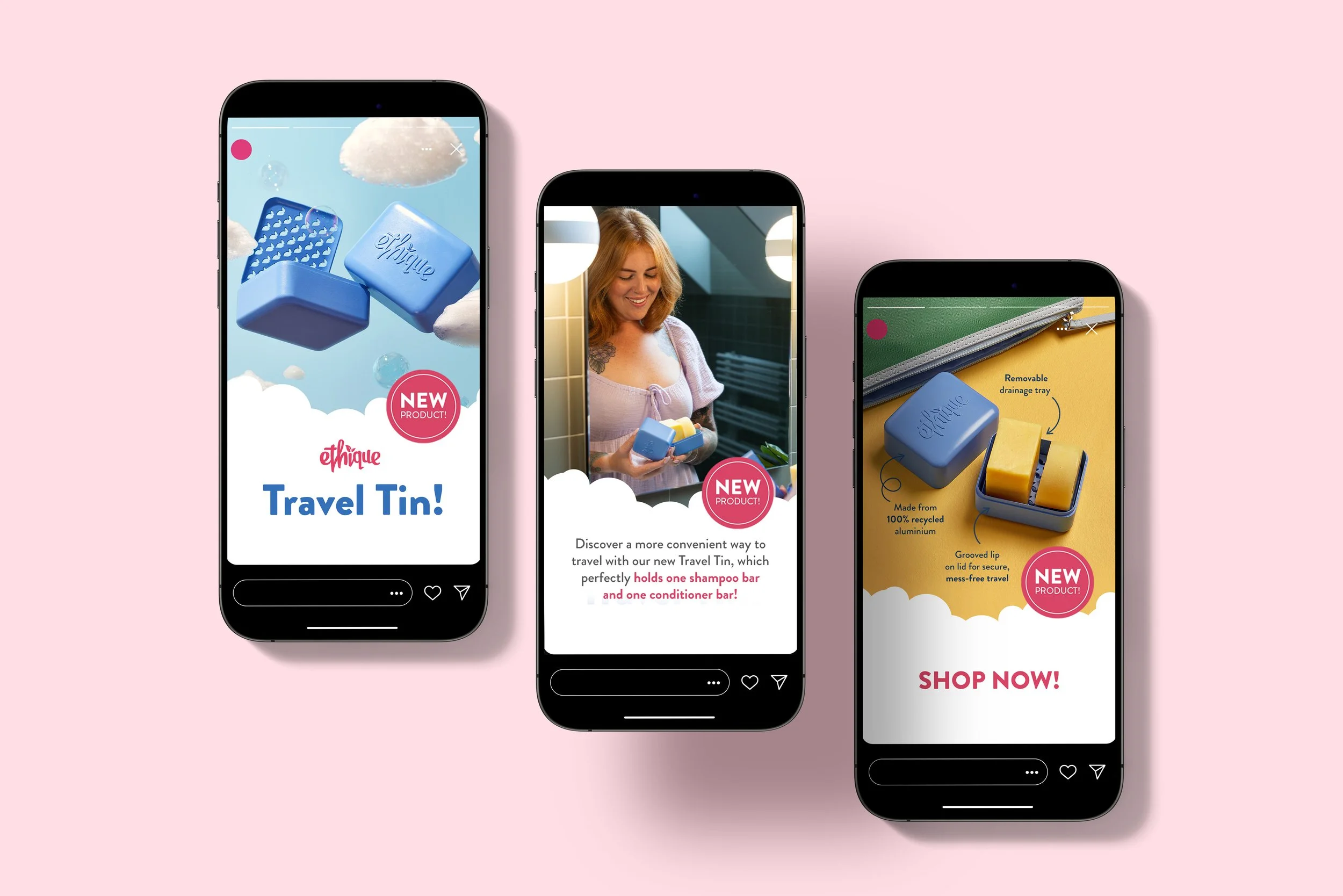 Three smartphone screens displaying advertisements for a travel tin product, with images of the tin, a woman using the product, and close-up of the tin's features, set against a pink background.