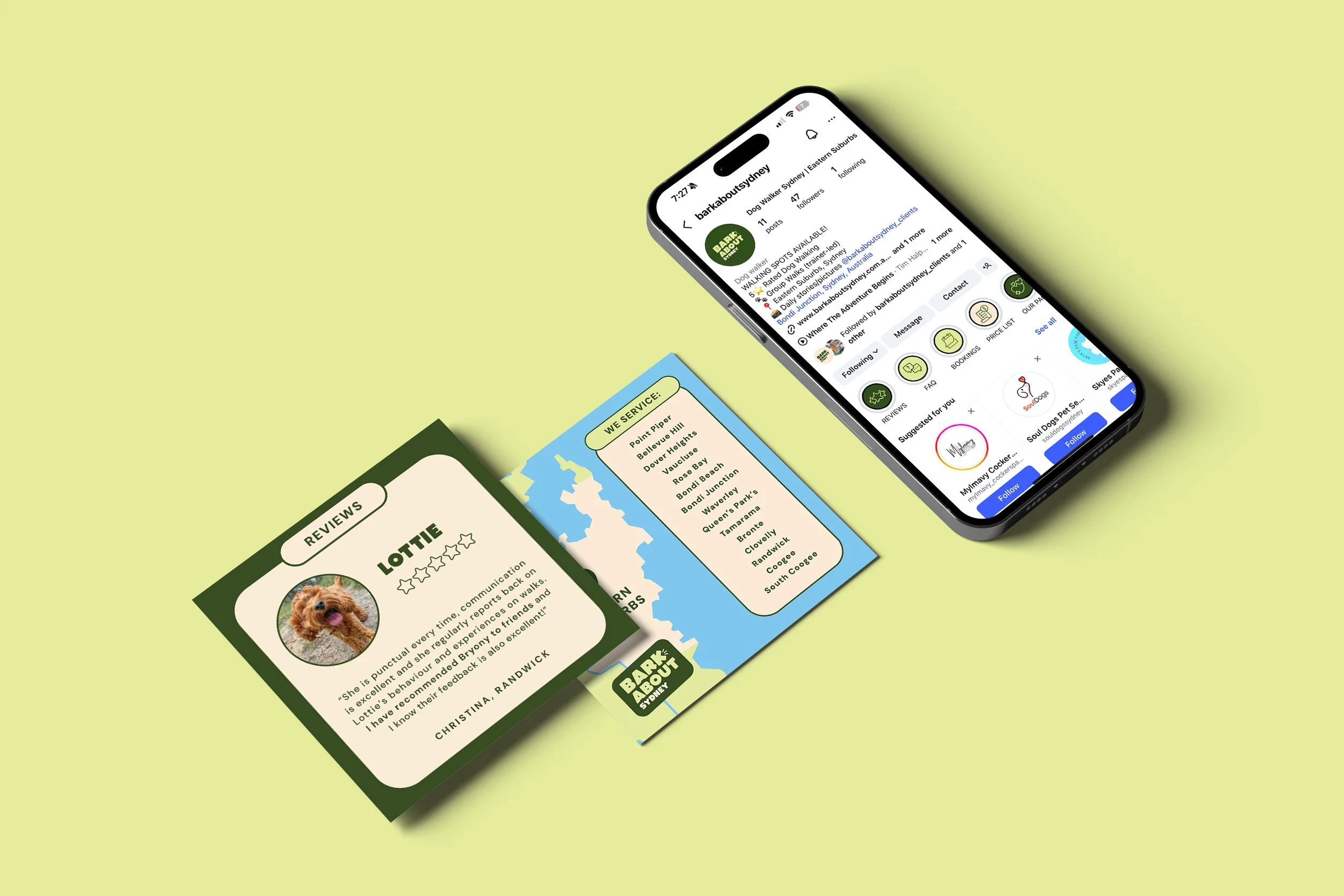 A smartphone displaying a social media profile page and two printed paper cards related to a dog walking business on a light yellow background.
