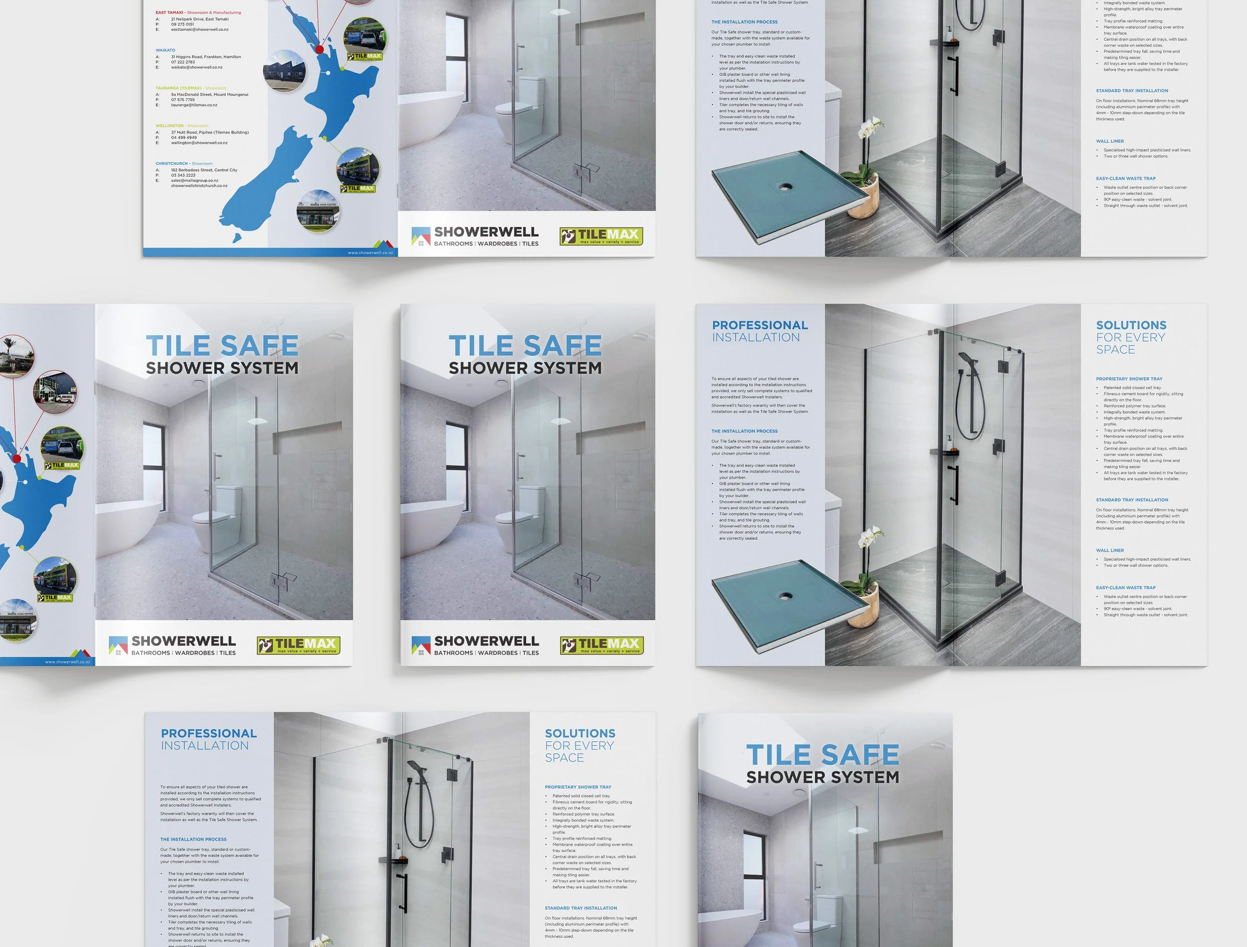 Brochure or catalog pages displaying shower system products, including images of bathroom showers, with text describing installation steps, solutions, and company information, and a map highlighting locations.