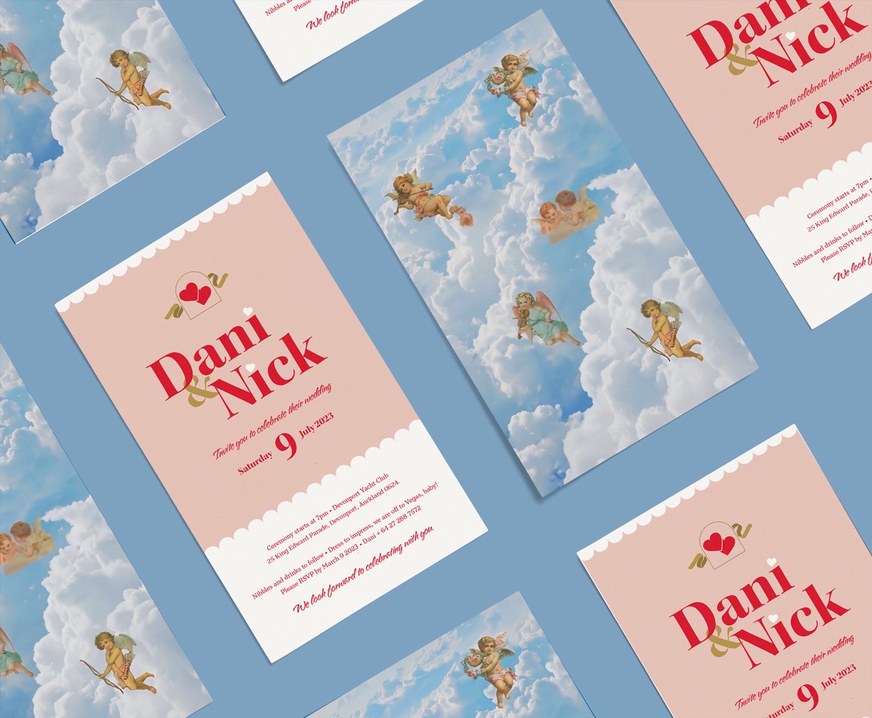 Wedding invitation cards for Dani and Nick featuring a sky background with clouds and cherubs carrying bouquets.