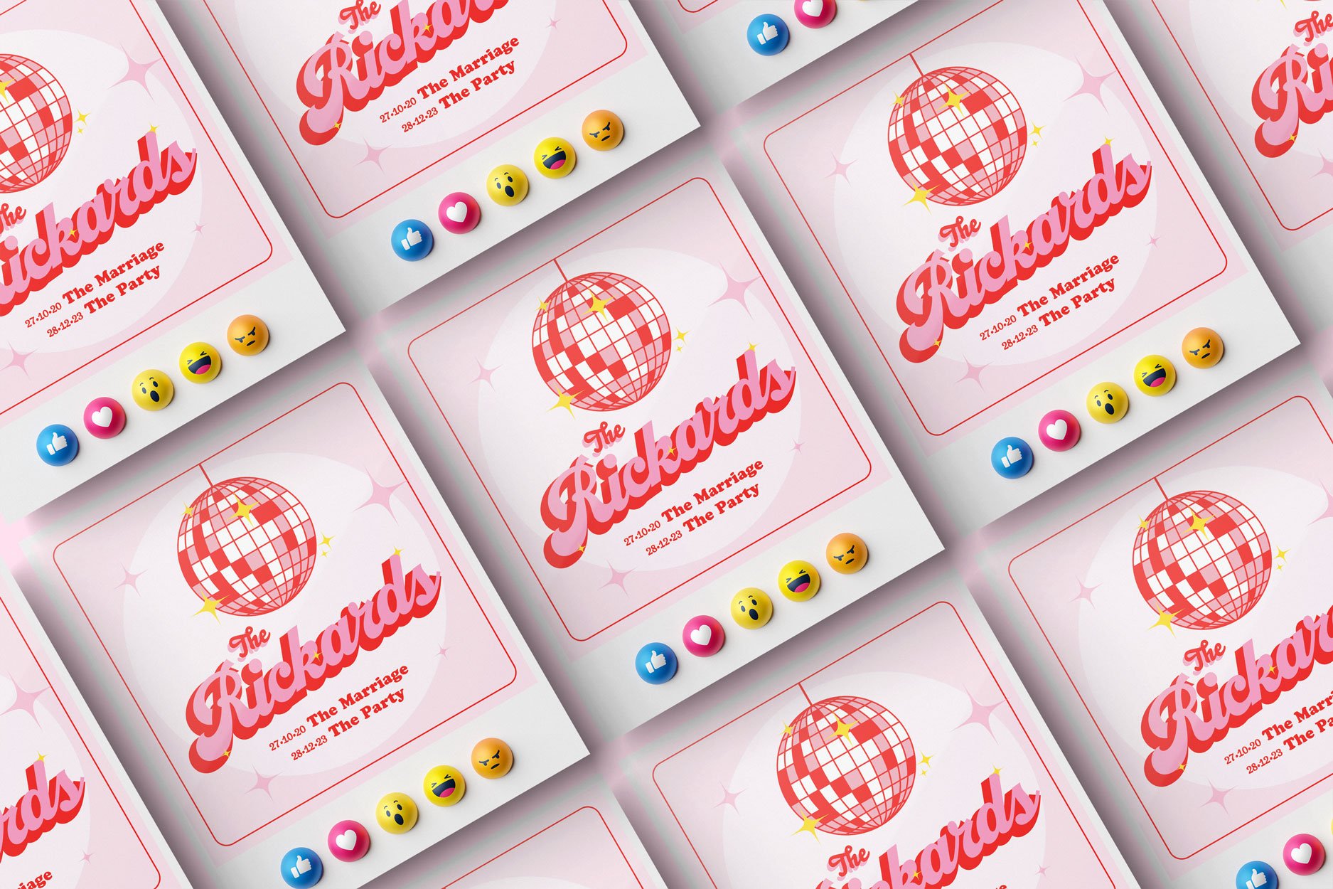 Multiple event flyers for a party titled "The Rickards" with a pink and red disco ball graphic, pink stars, and social media reaction icons at the bottom.