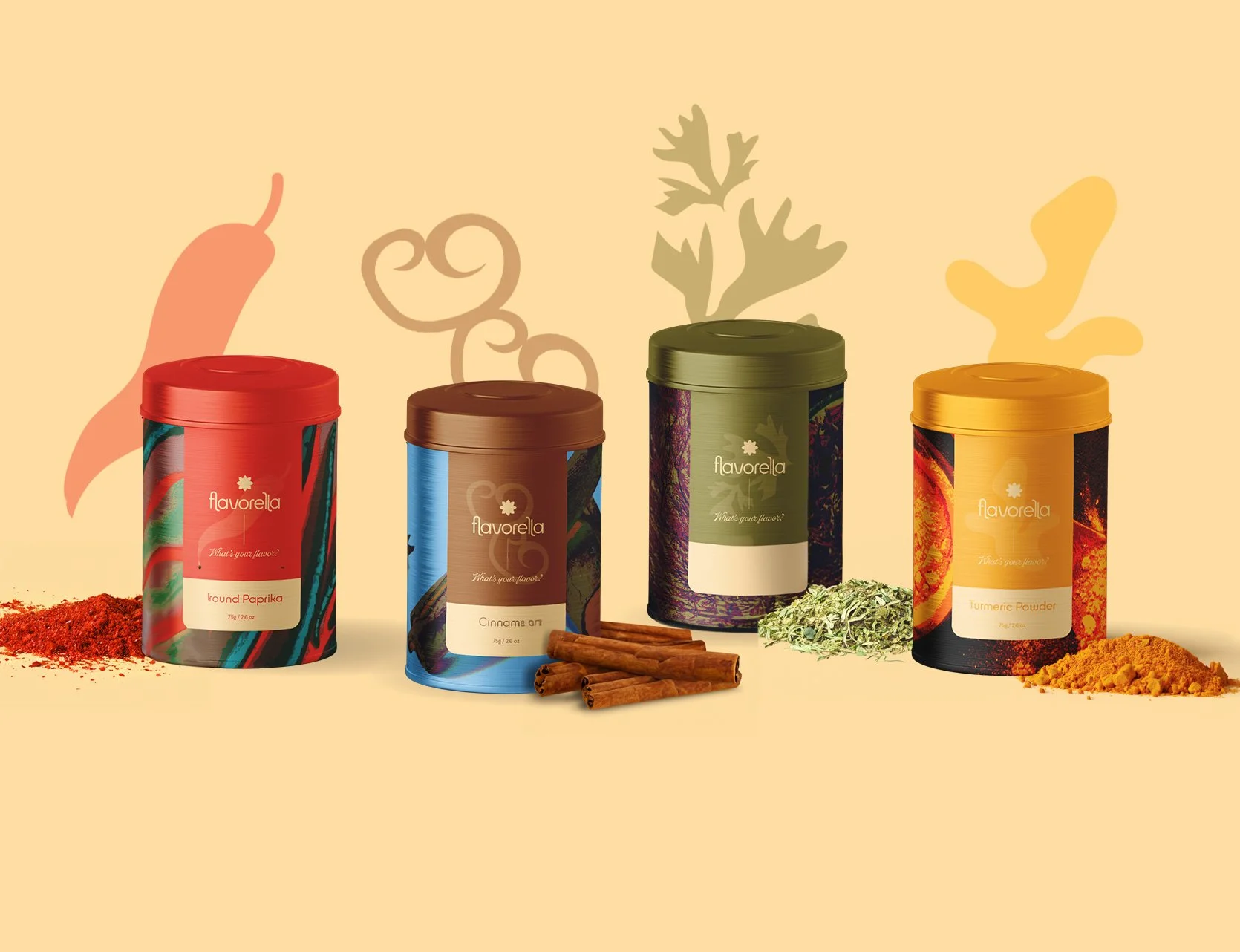 Four colorful containers of flavorlla spices labeled round paprika, cinnamon an, flavorella, and turmeric powder, with corresponding spices and ingredients in front, on a beige background with spice illustrations.