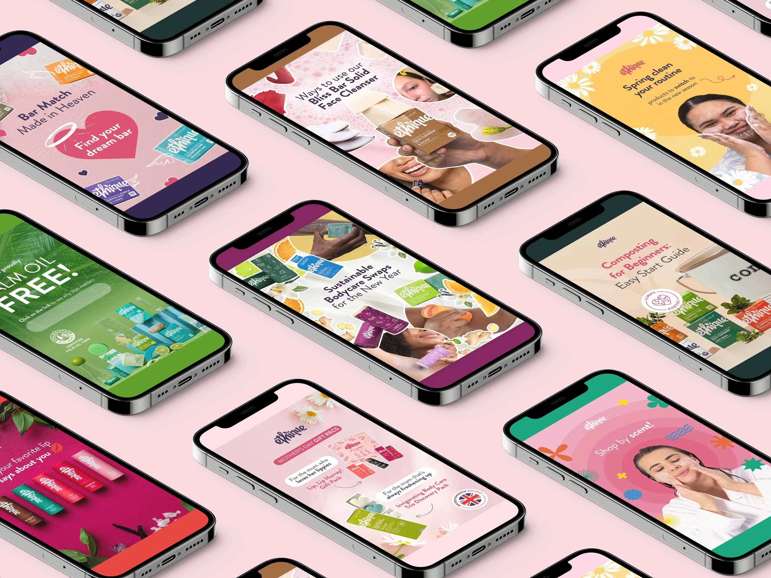 Multiple smartphones displaying colorful skincare, beauty, and wellness app interfaces on a pink background.