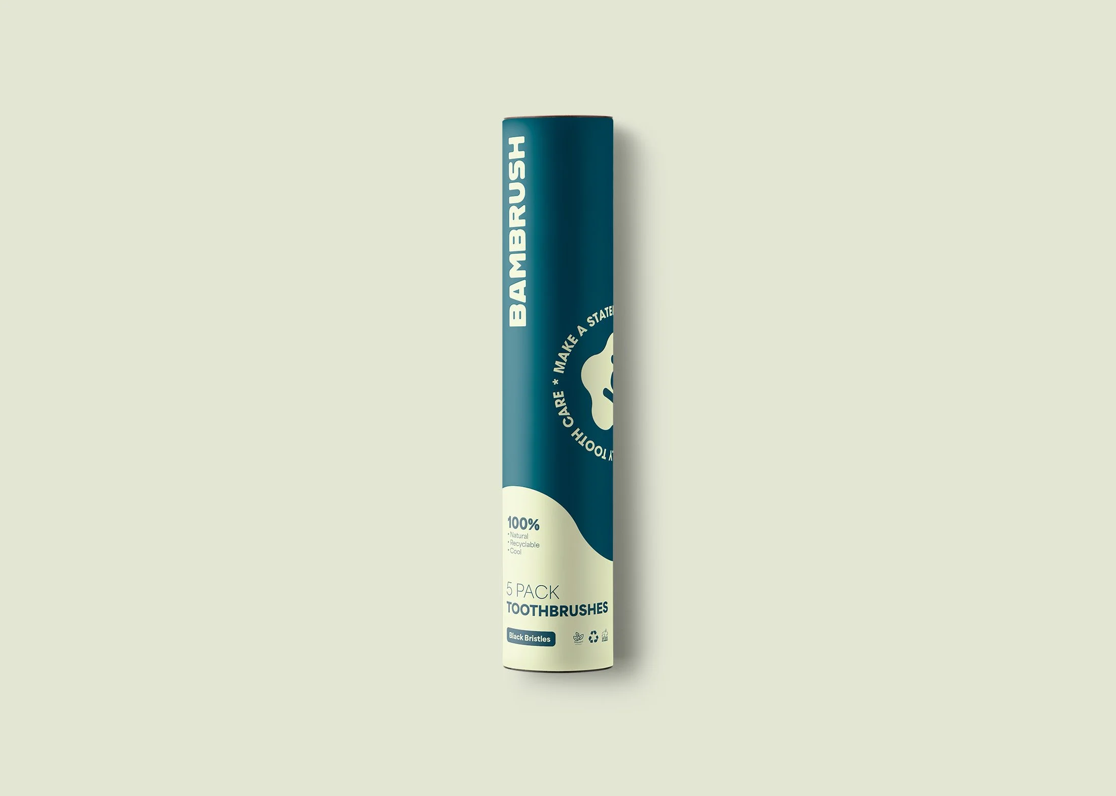 A cylindrical container of Bambrush brand toothbrushes with a blue and white design, labeled as a 5 pack of black bristle toothbrushes, recyclable and natural.