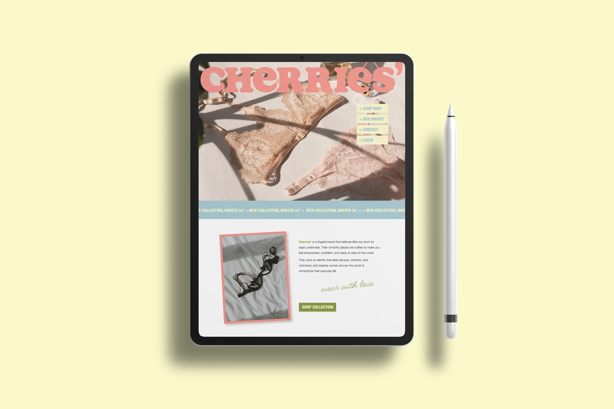 A digital tablet displaying a lingerie website with the header 'Cherries' and images of lace underwear, placed on a light yellow surface with a white stylus pen beside it.