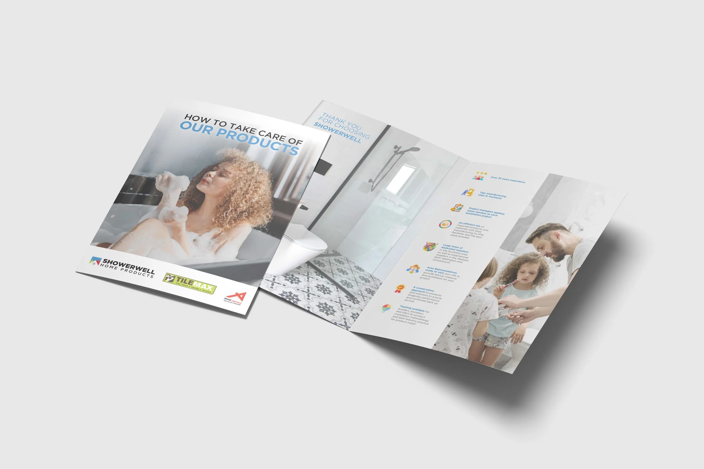 Tri-fold brochure for Showerwell Home Products, featuring a woman enjoying a bath on the front and images of a bathroom and children on the inside, with text about product care and company information.
