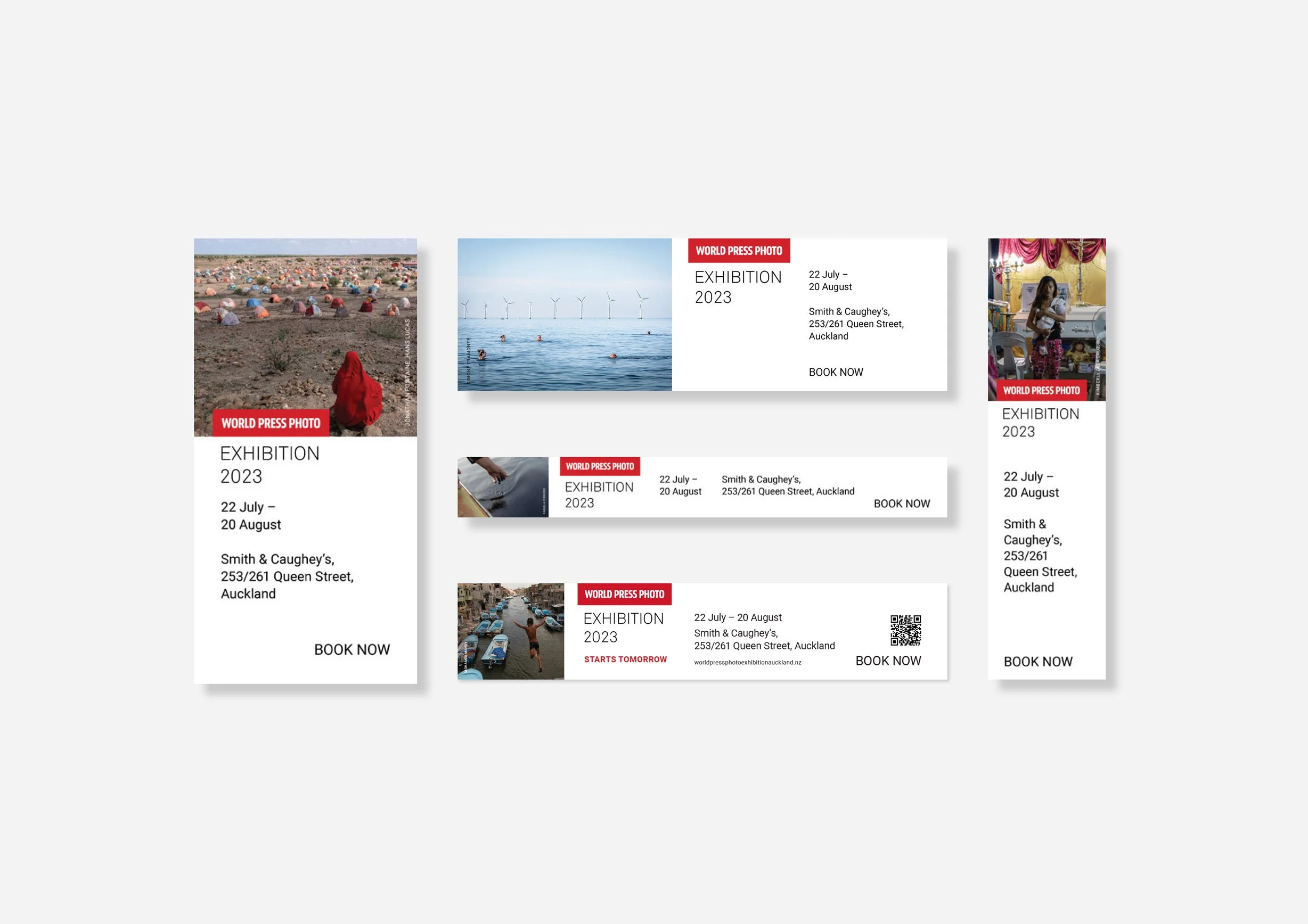 Collection of various digital advertisement banners and posters for a 2023 photo exhibition, featuring images of a desert scene with tents, wind turbines over water, a person reading, a woman shopping indoors, a person painting, and a street scene wi