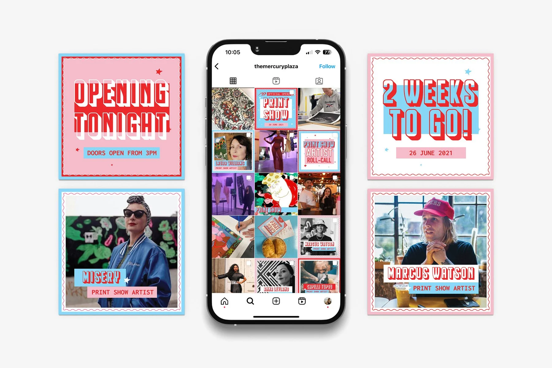 Instagram feed displayed on a smartphone surrounded by four colorful promotional posters for art events, with text indicating dates and artist information.