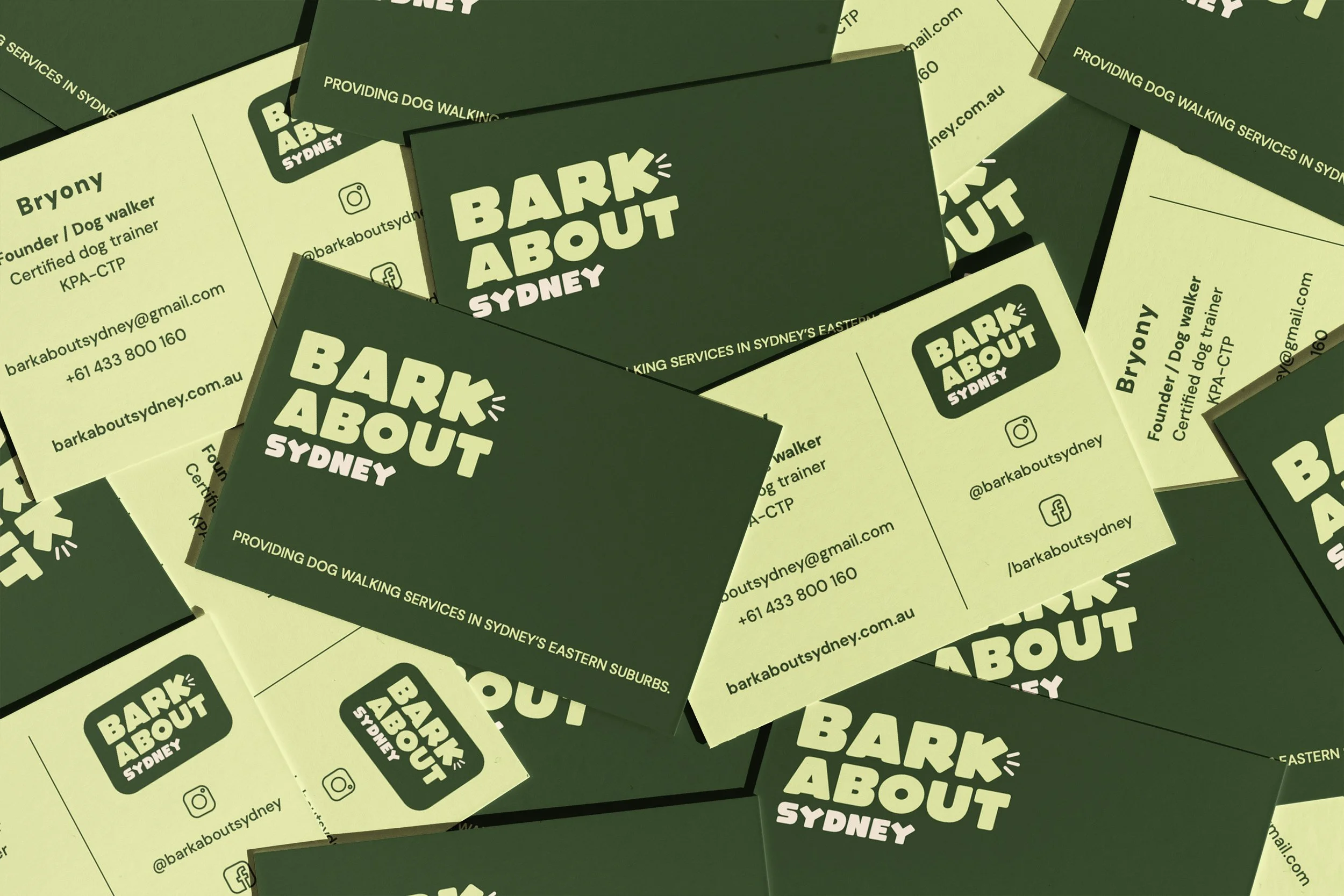 Business cards for Bark About Sydney, a dog walking service, with contact information and social media handles.
