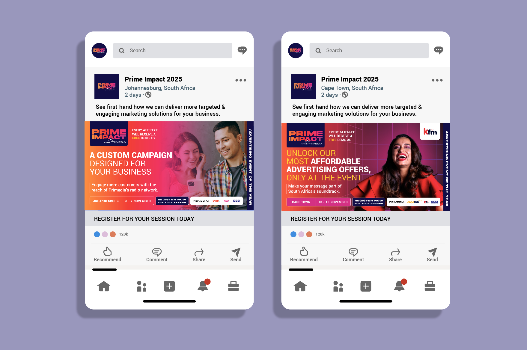 Screenshots of a social media app showing advertisements for Prime Impact 2025 events in Johannesburg and Cape Town, South Africa, featuring colorful promotional banners with people smiling and event details.