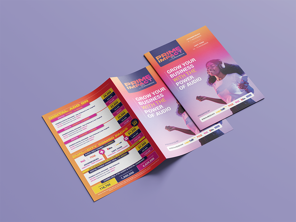 A two-page brochure for a conference titled 'Prime Impact Africa' showcases event details and promotional offers, with a vibrant pink, purple, orange, and blue color scheme, and an image of a woman wearing headphones and holding a phone.