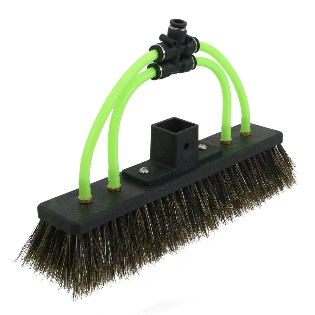 A push broom with neon green hoses and black bristles.