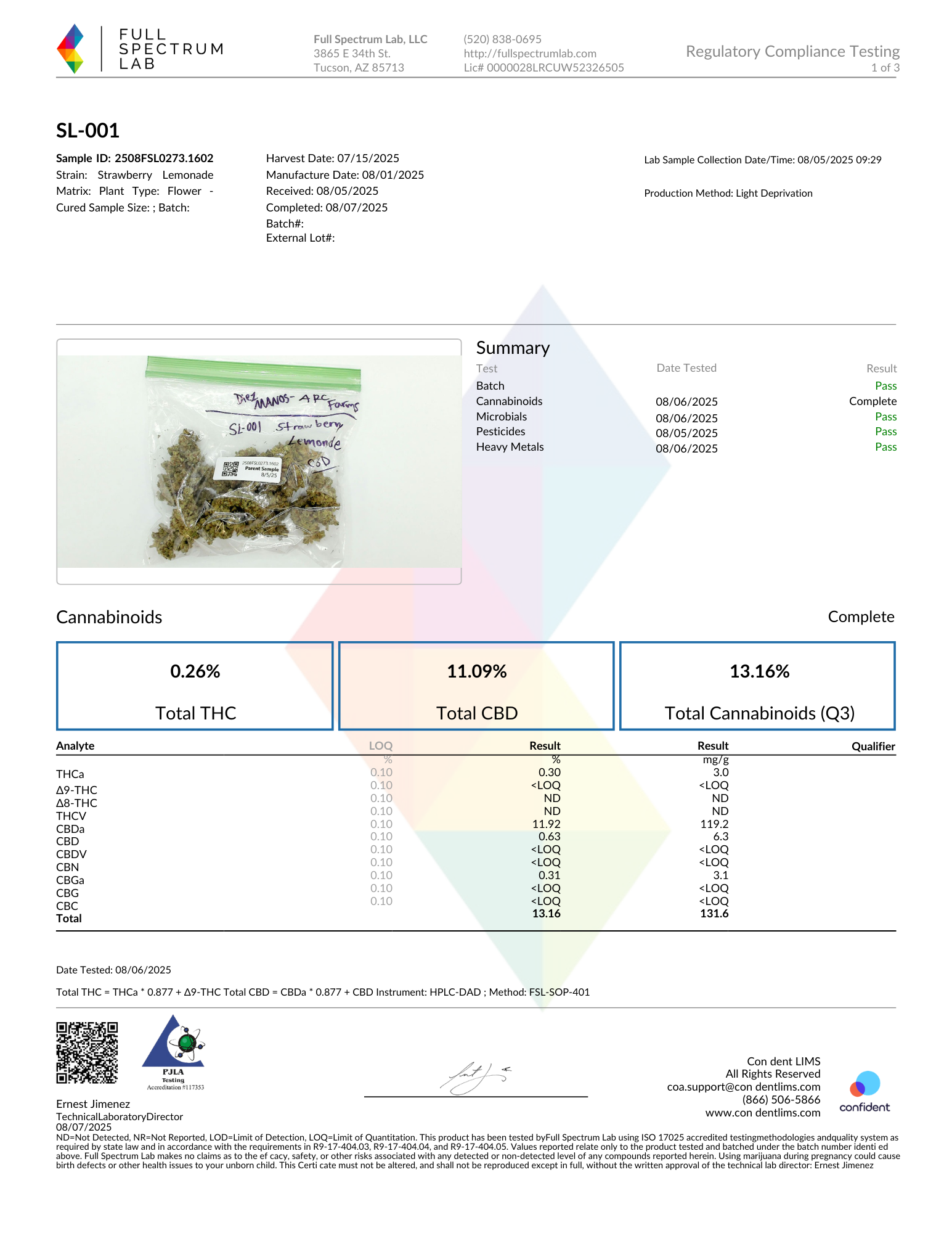 Lab test report from Full Spectrum Lab, LLC for a sample labeled 'Strawberry Lemonade' with a photo of the sample in a sealed plastic bag. The report shows test results for cannabinoids, including THC and CBD, with their respective percentages and qu