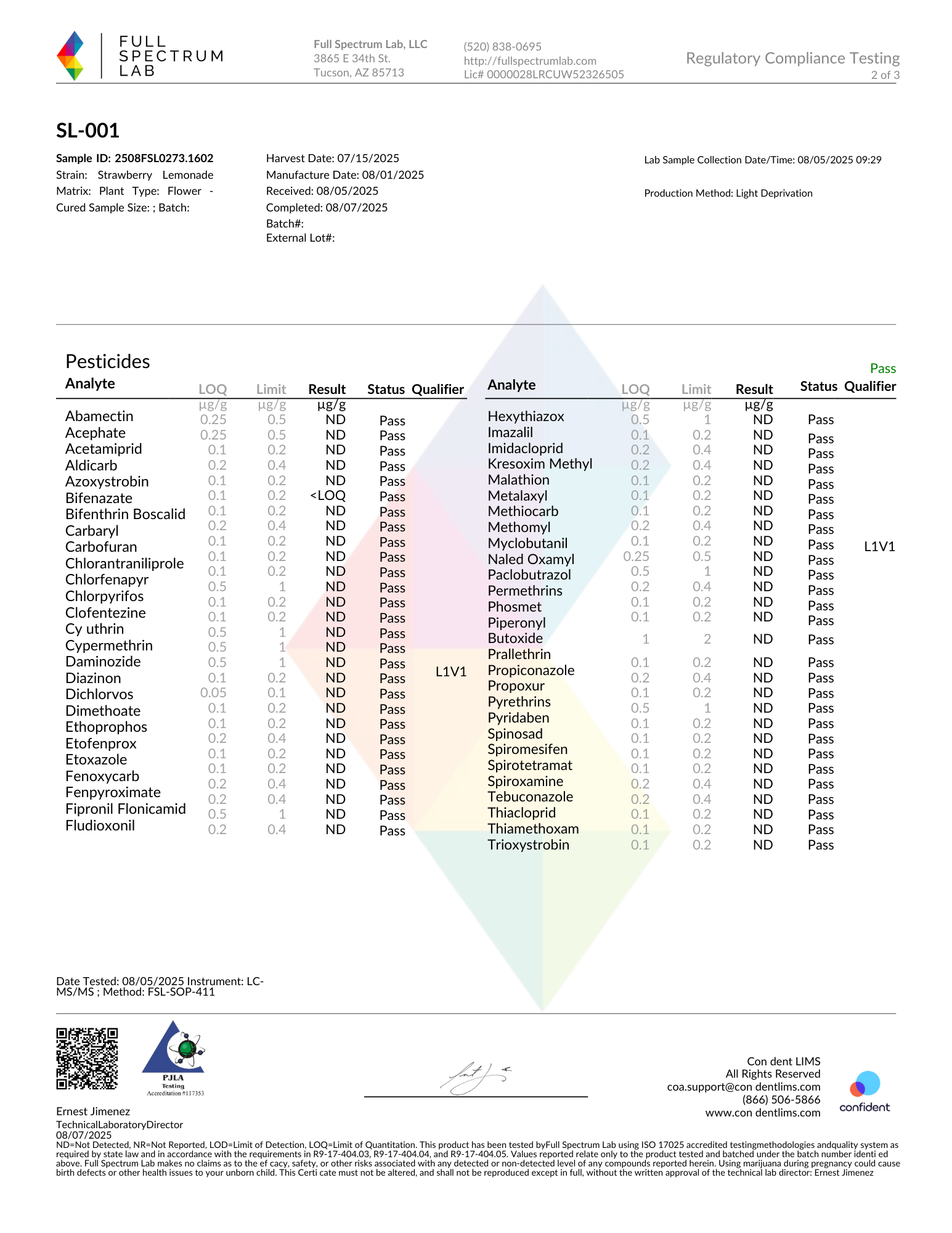 Laboratory report from Full Spectrum Lab, LLC, Tucson, AZ, titled 'Pesticides' showing test results for strawberry lemonade sample, with multiple pesticide analytes listed as 'Pass' or 'ND' (not detected).