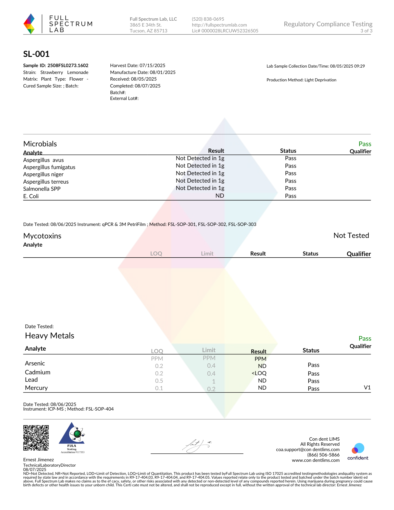 Laboratory test report from Full Spectrum Lab for a strawberry lemonade sample, showing results for microbes, mycotoxins, and heavy metals, with pass/fail status.