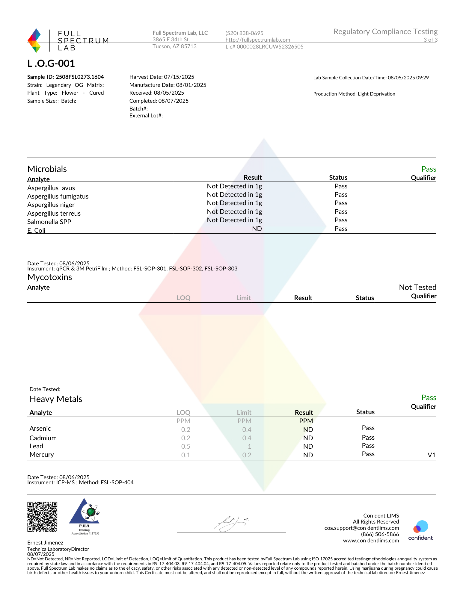 Laboratory test report from Full Spectrum Lab, LLC, showing results for microbes, mycotoxins, and heavy metals, with pass/fail status and detailed analysis.