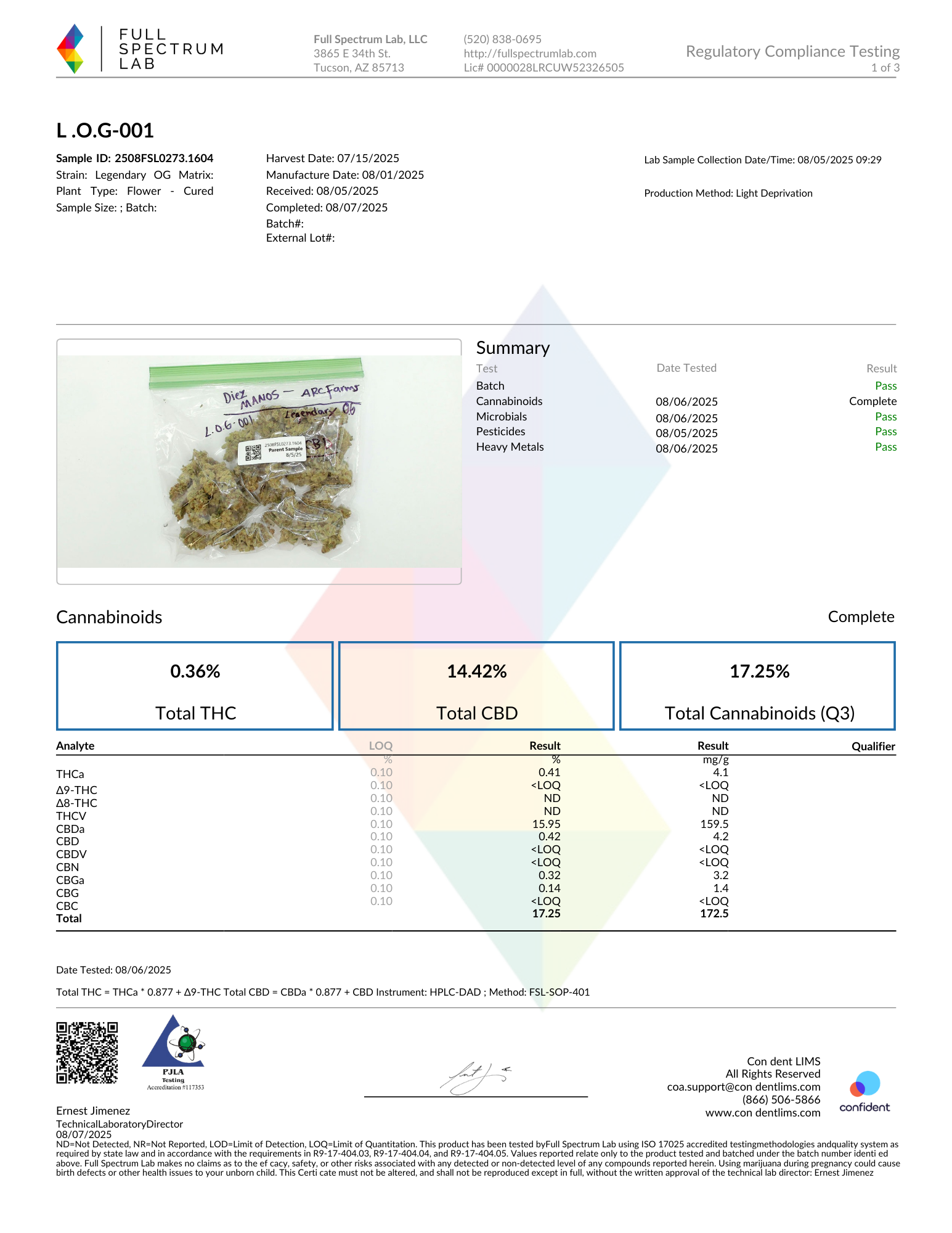 Laboratory report for cannabis sample showing test results and analysis details, including cannabinoid percentages and lab information.