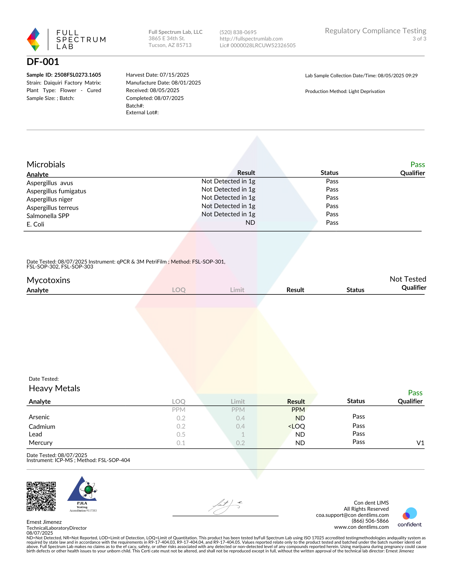 Laboratory test report for cannabis with results indicating no detection of microbes, mycotoxins, and safe levels of heavy metals.