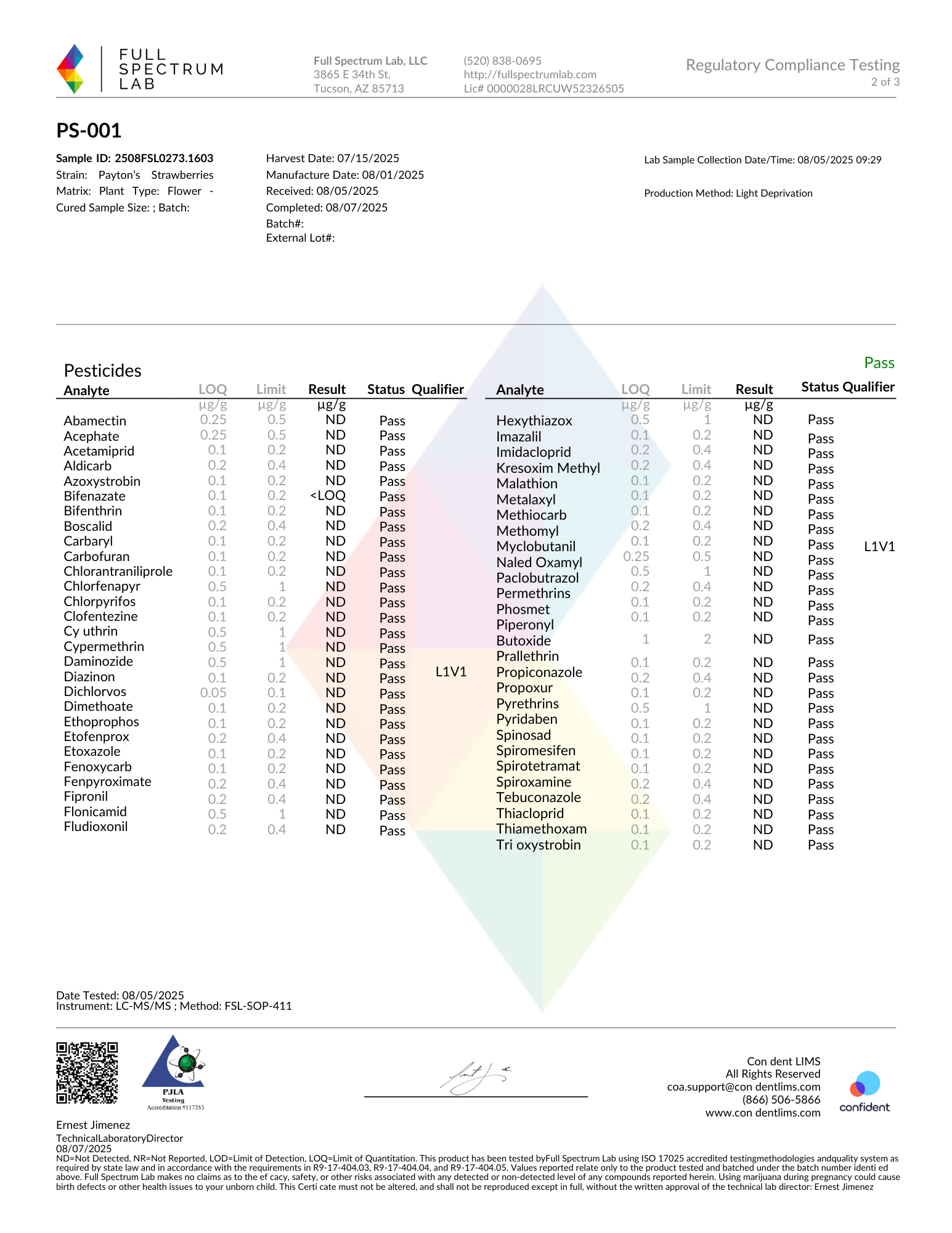Laboratory results report from Full Spectrum Lab showing pesticide test results for a strawberry sample, with a green pass indicator for all tested substances.