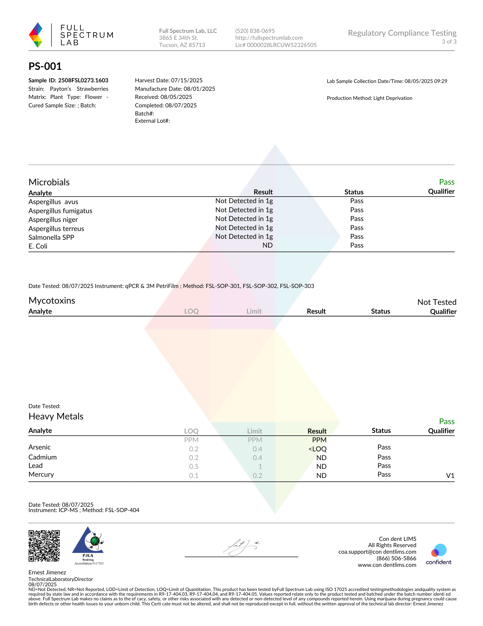 Laboratory test report with details on microbial, mycotoxin, and heavy metal analysis for a strawberry sample.