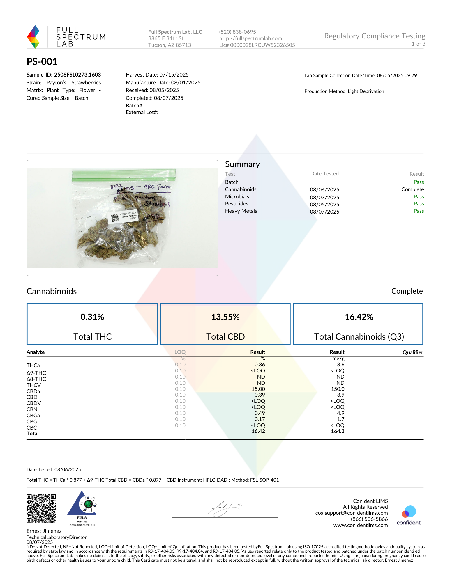 Laboratory report displaying quality test results for a sample of strawberries, including cannabinoid contents, with a small plastic bag of dried strawberries in the foreground.