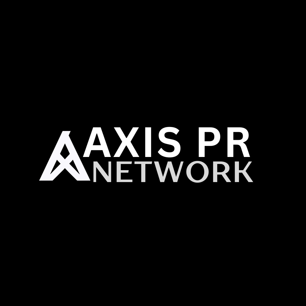 Logo for Axis PR Network featuring a black background, a stylized antenna icon, and white and gray text.