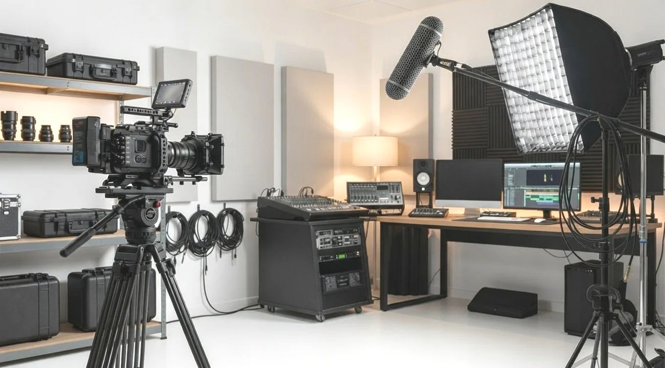 ビデオ制作や編集用のスタジオ撮影セット、カメラ、照明、音響機器、ノートパソコン、スピーカー、ケーブル、収納ケースが設置されている部屋です。