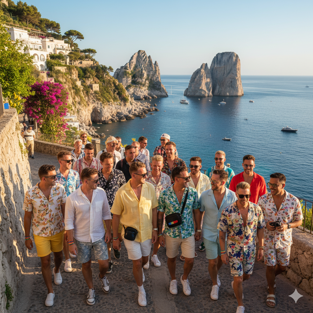A group of men walking up a scenic coastal path with cliffs, the sea, and large rock formations in the background. They are dressed in colorful, tropical-style shirts and casual summer clothing.