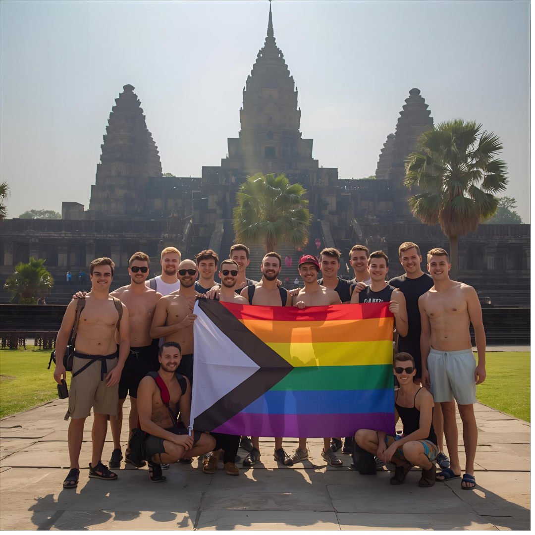 Group of young men posing with a rainbow pride flag in front of an ancient temple, with palm trees and a cloudy sky in the background.