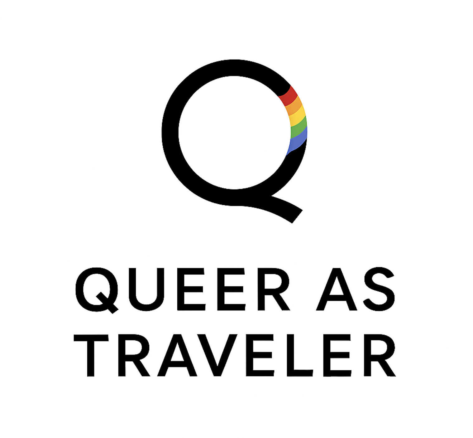 A logo with a large black letter 'Q' that has a rainbow-colored segment at the top right. Below the 'Q,' the text reads 'QUEER AS TRAVELER' in bold black letters.