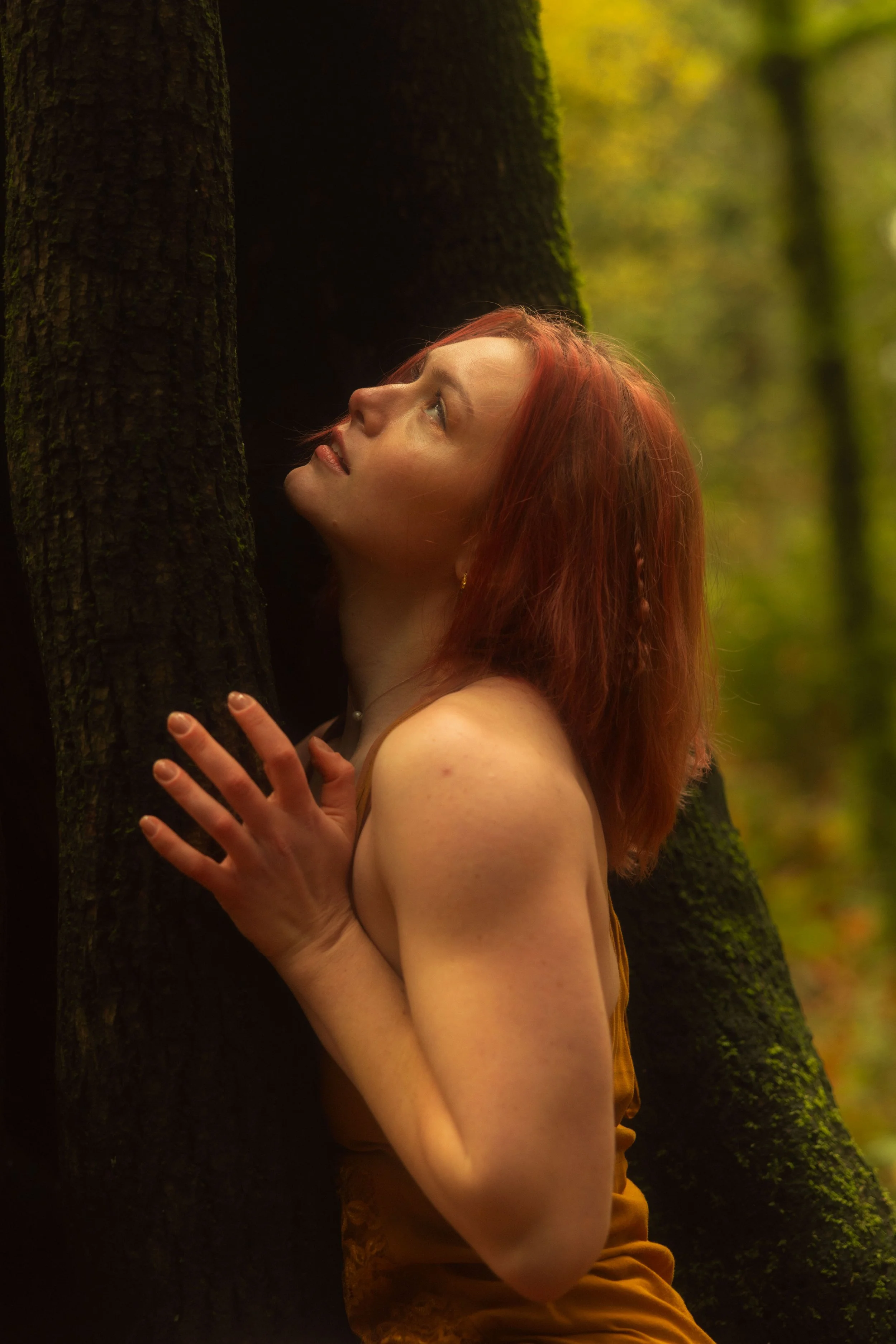 A girl leaning against a tree looking upwards.