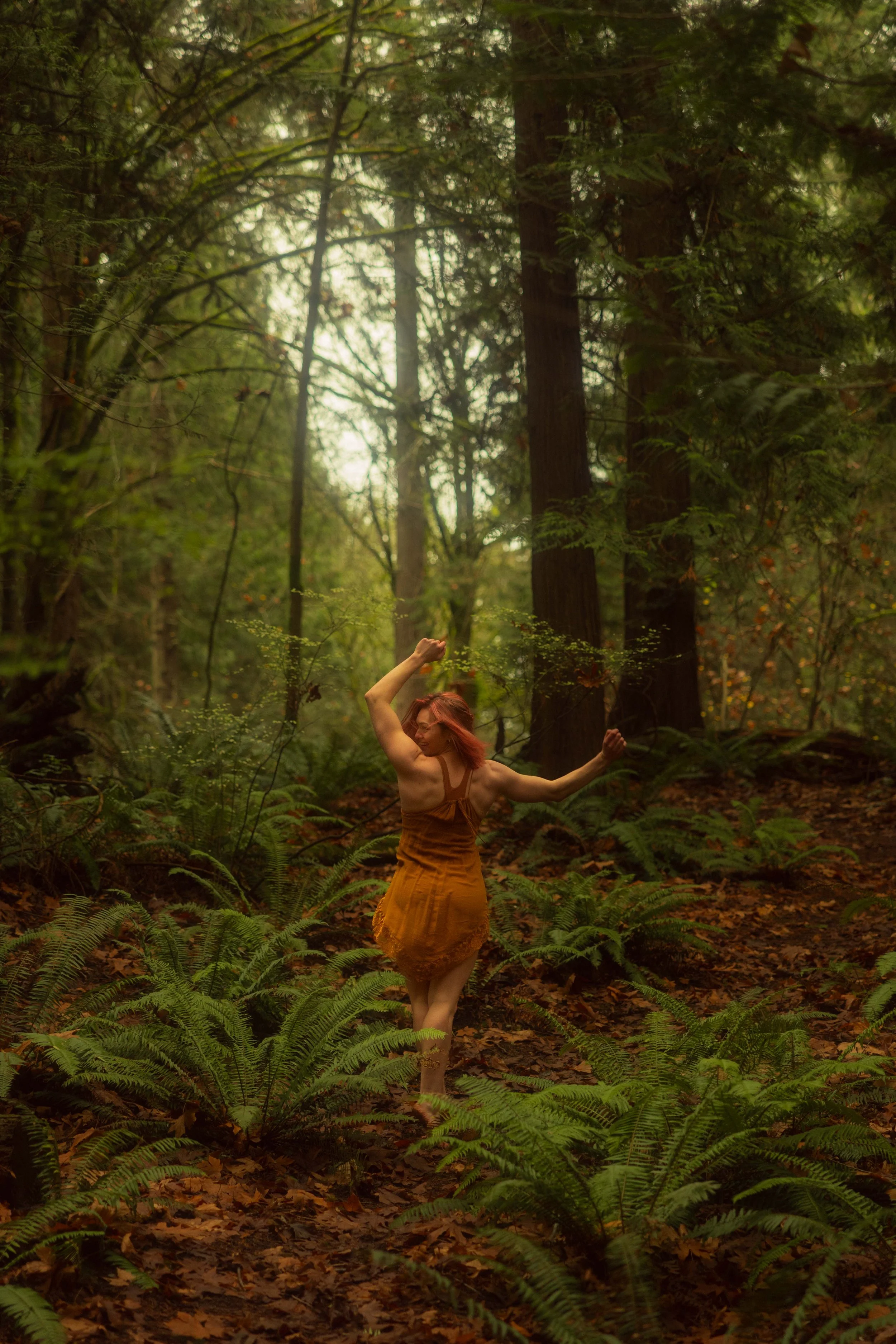 A women in a dark yellow dress dancing through the woods.