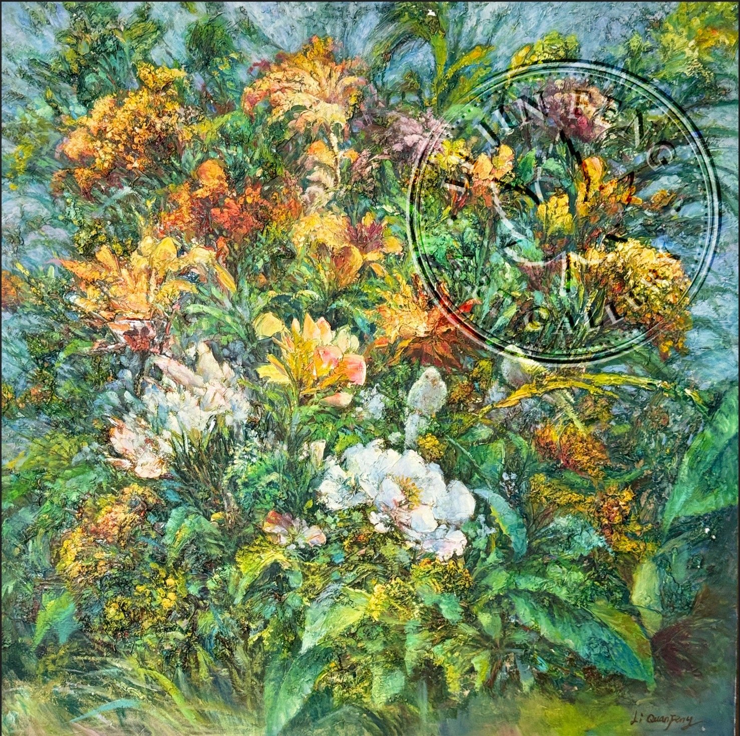 A vibrant painting of a lush garden featuring an array of flowers and green foliage, overlaid with a circular stamp reading 'VINTAGE THE'.