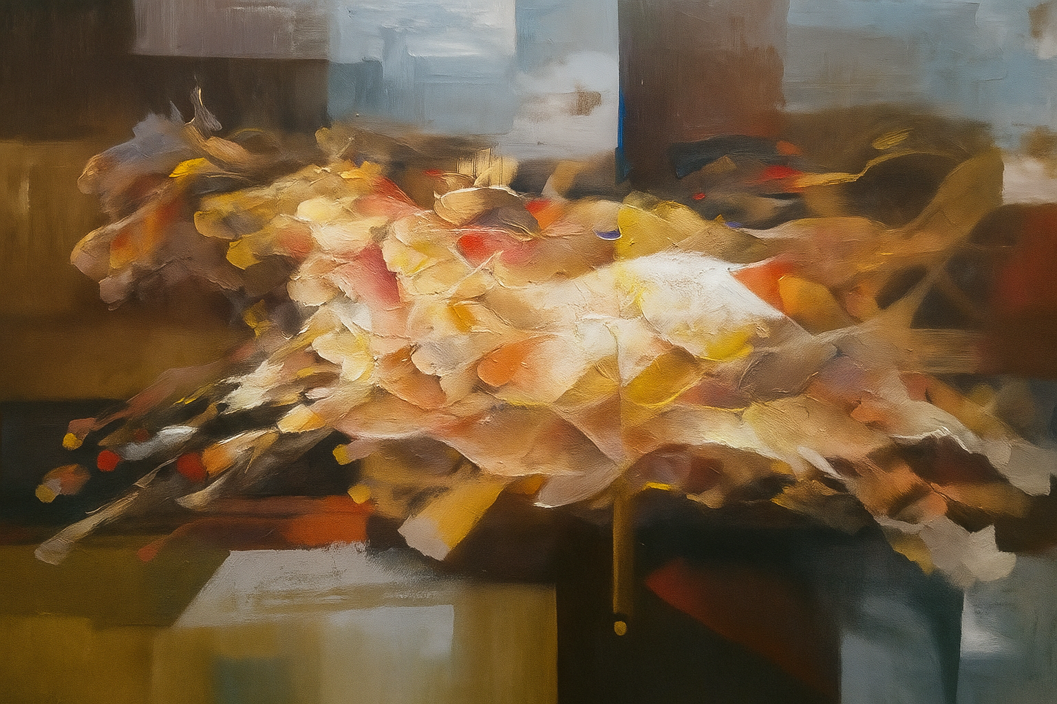 Abstract painting of a vibrant floral arrangement in warm tones featuring yellows, reds, and browns.