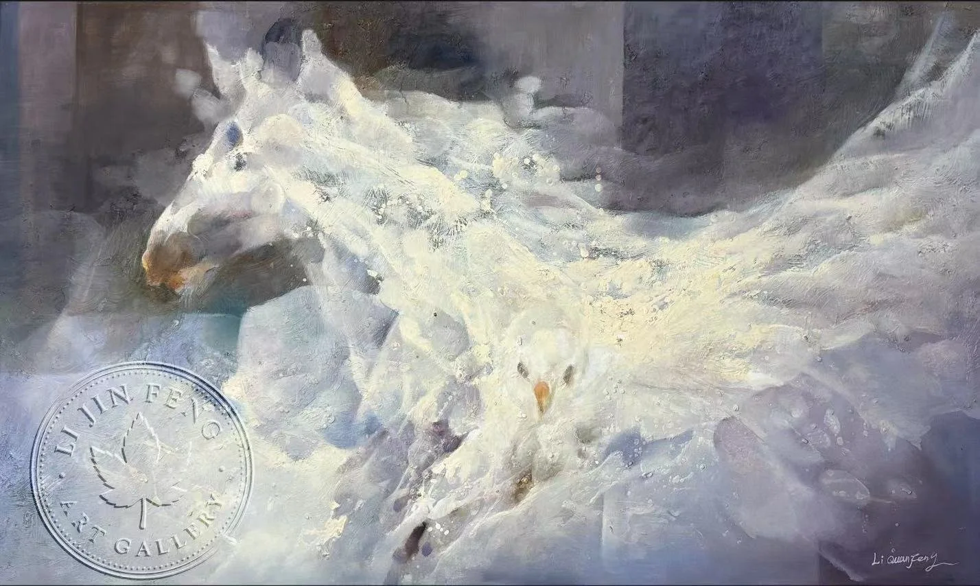 A painting of a white horse with flowing mane and tail, featuring a bronze-colored nose, set against a grayish background, with a stamp and signature in the bottom left and right corners.