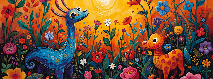 Colorful illustration of a lush garden with various flowers and two whimsical dinosaurs, one blue with spots and one orange with spots, under a bright yellow sun.