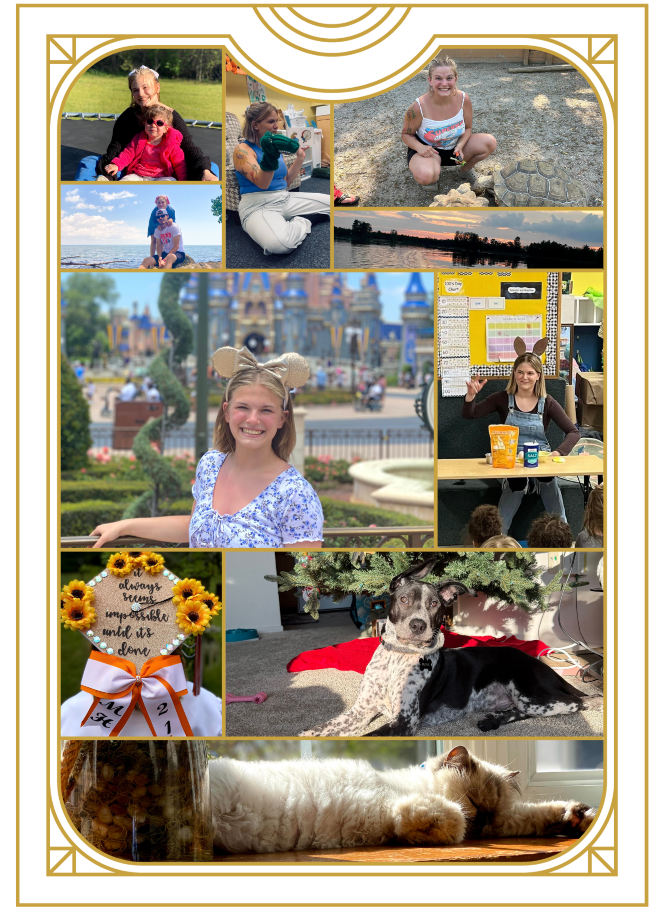 A collage of various photos including children and pets enjoying outdoor activities, a girl in a park, a girl at an amusement park, a dog lying under a Christmas tree, a cat sleeping by a window, and a decorative sign with sunflowers and an inspirational quote.