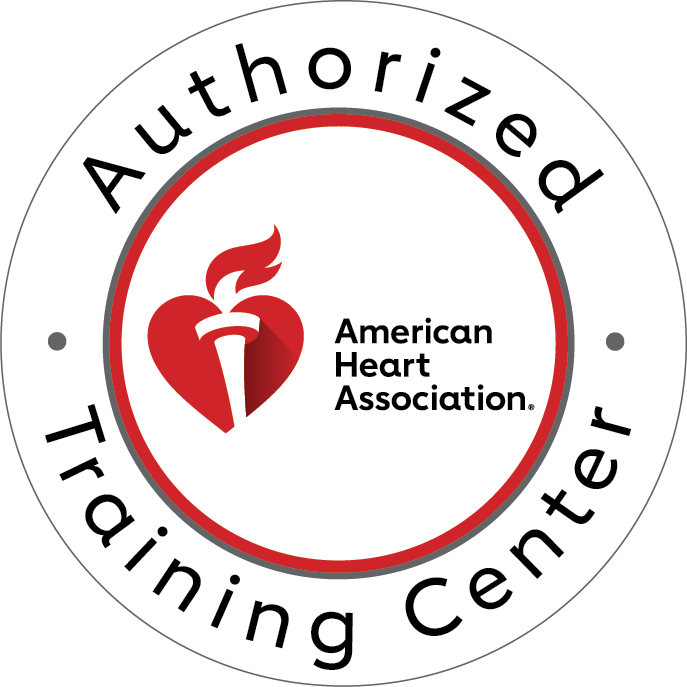 Certification badge for authorized training center by the American Heart Association, featuring a red heart with a torch and flame.