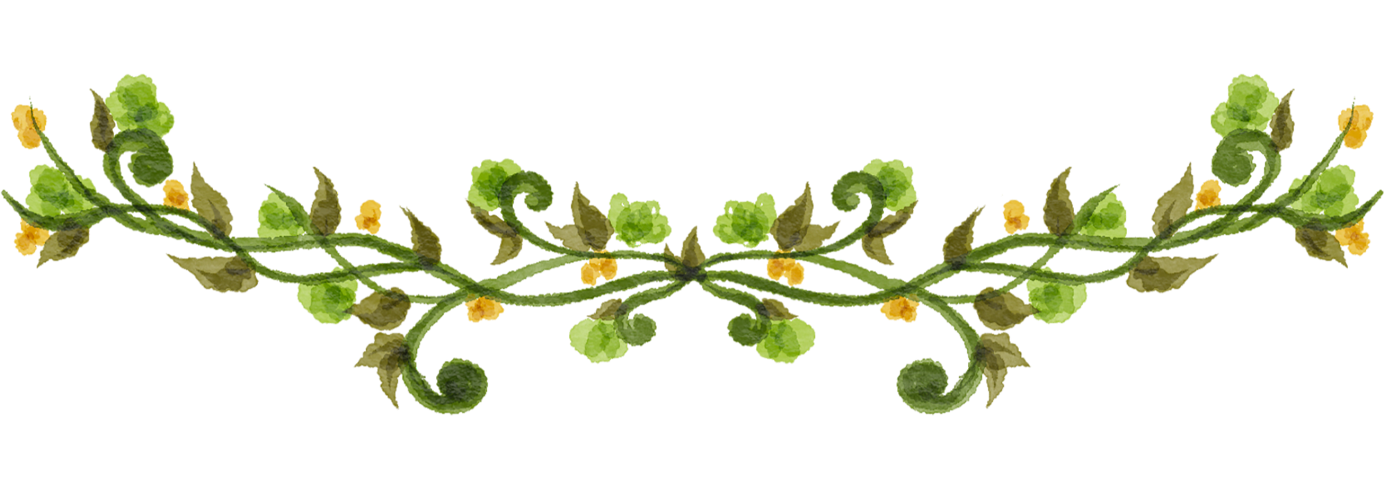 Watercolor illustration of a decorative floral border with green leaves and small yellow flowers.