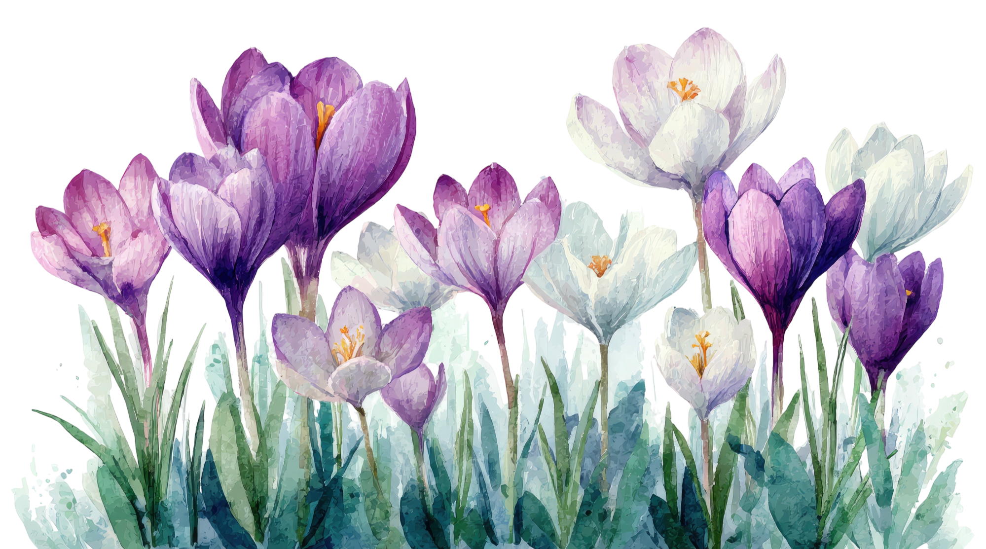 Watercolor painting of a cluster of purple and white crocus flowers with green grass.
