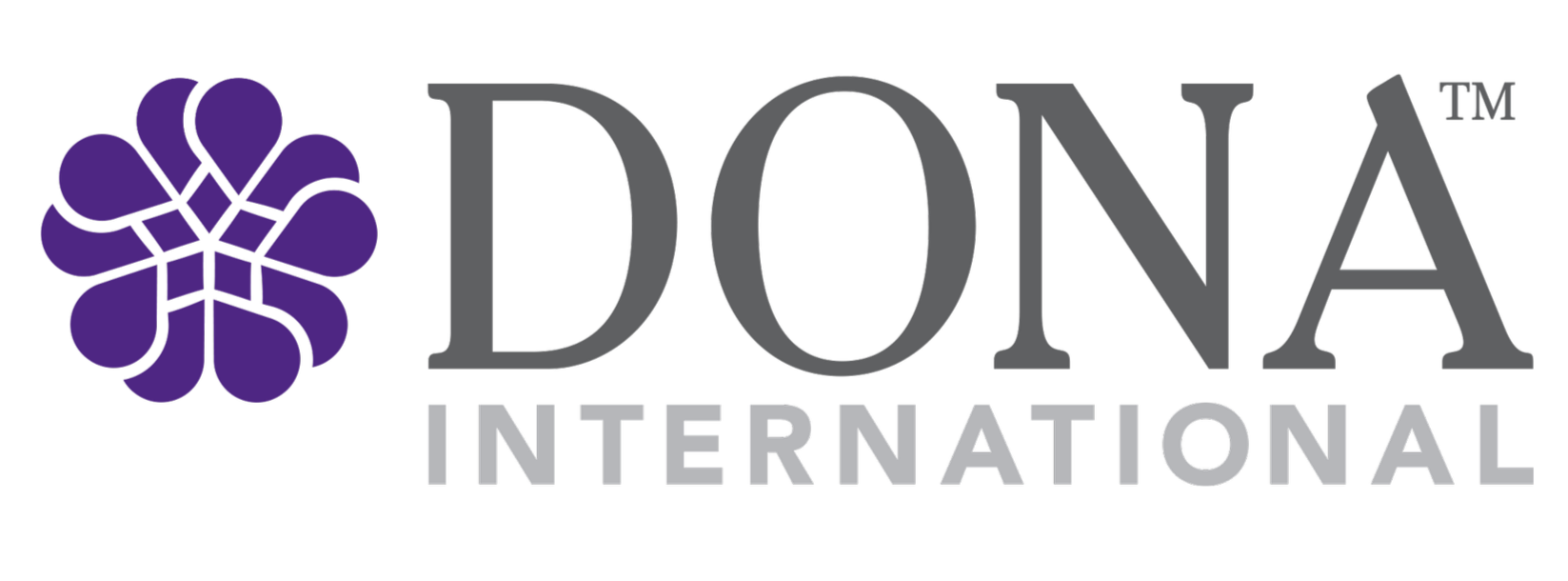 Logo for DONA International featuring a purple flower on the left and the words "DONA INTERNATIONAL" with "DONA" in large gray letters and "INTERNATIONAL" in smaller gray letters, with red accents on the letters.