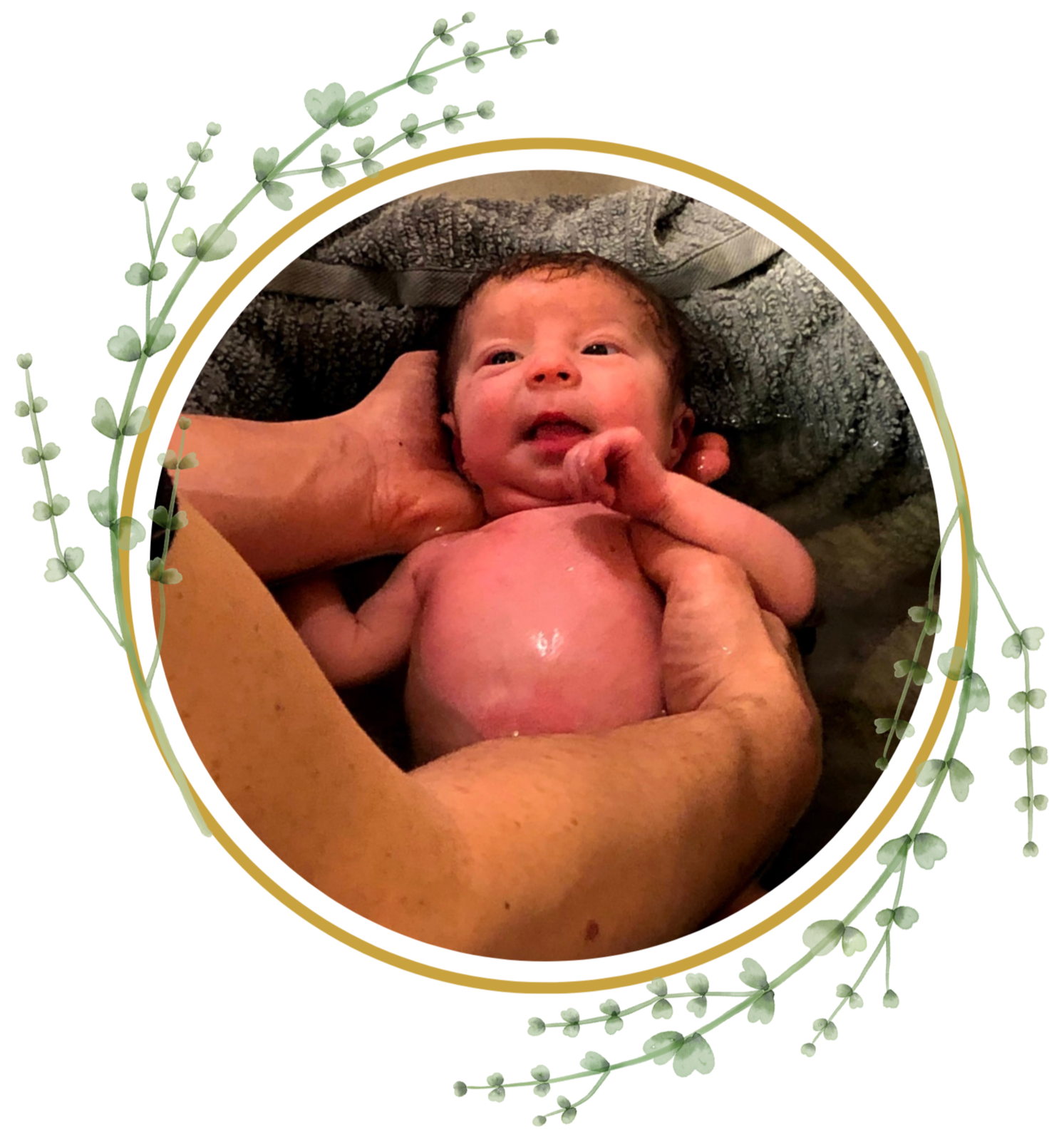 A newborn baby being bathed, supported by adult hands, with a gray towel or blanket in the background.