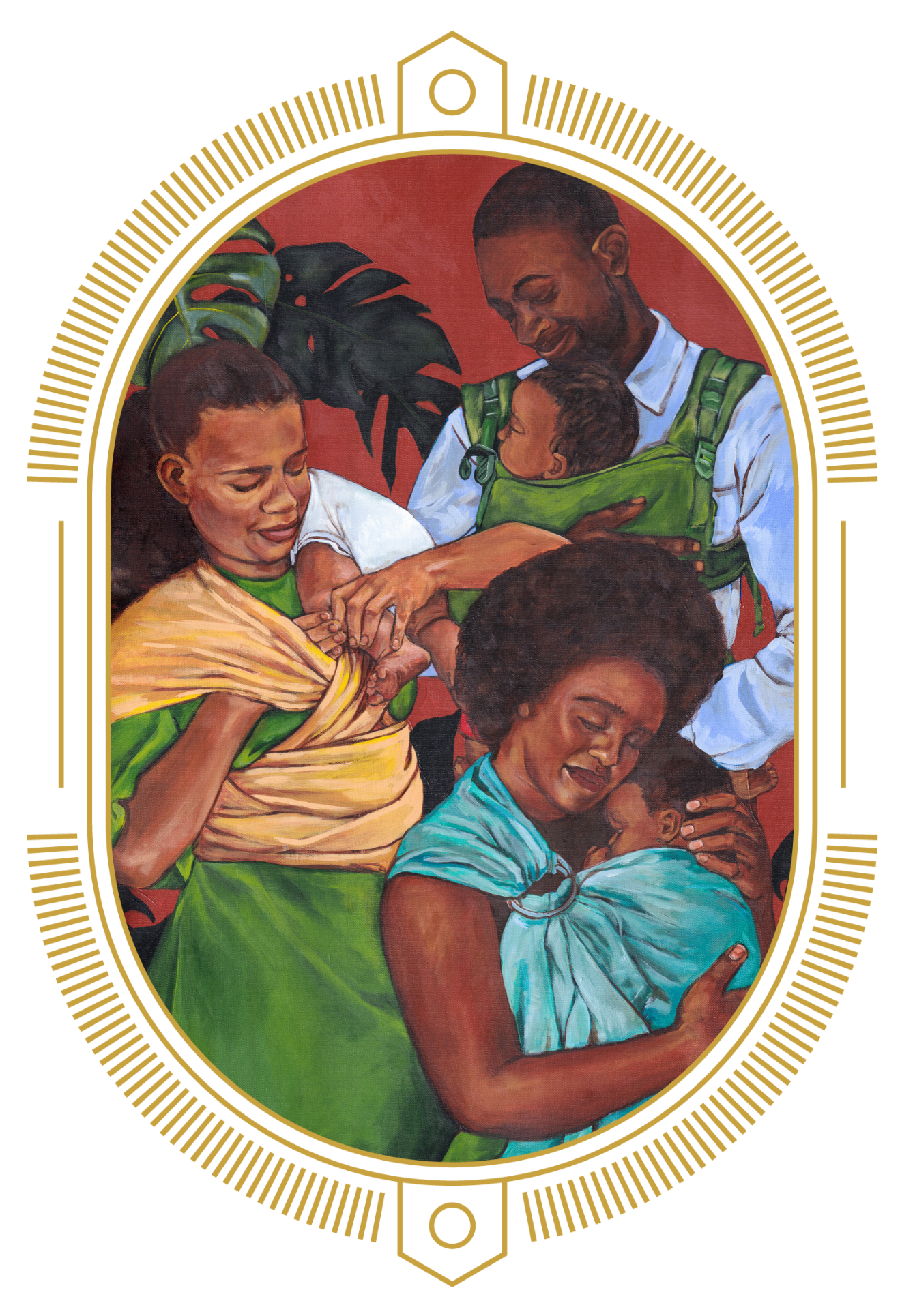 Painting of a family with two women, a man, and two children, all sharing a moment of tenderness and affection.