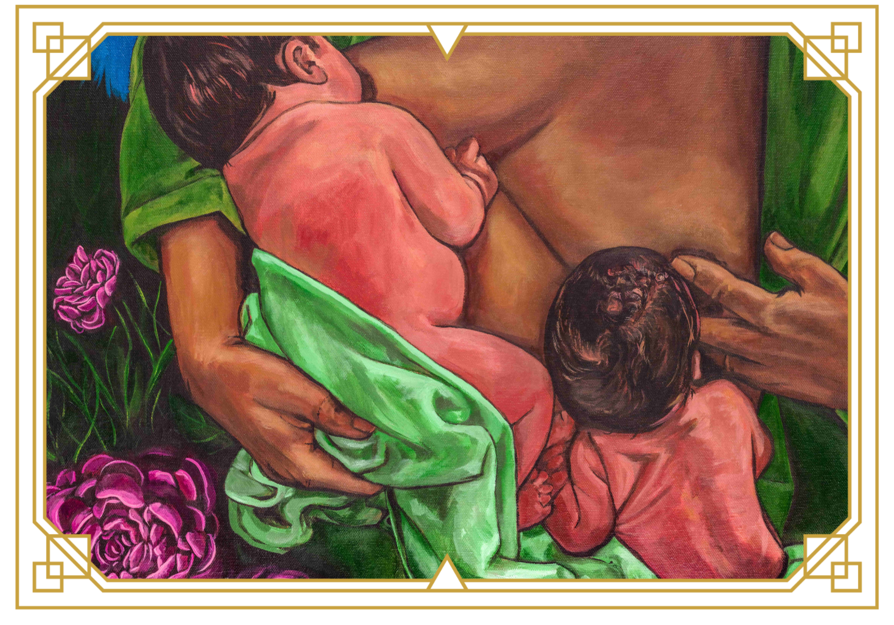Painting of a mother breastfeeding two children, one on each side, with pink flowers in the background and greenery surrounding them.