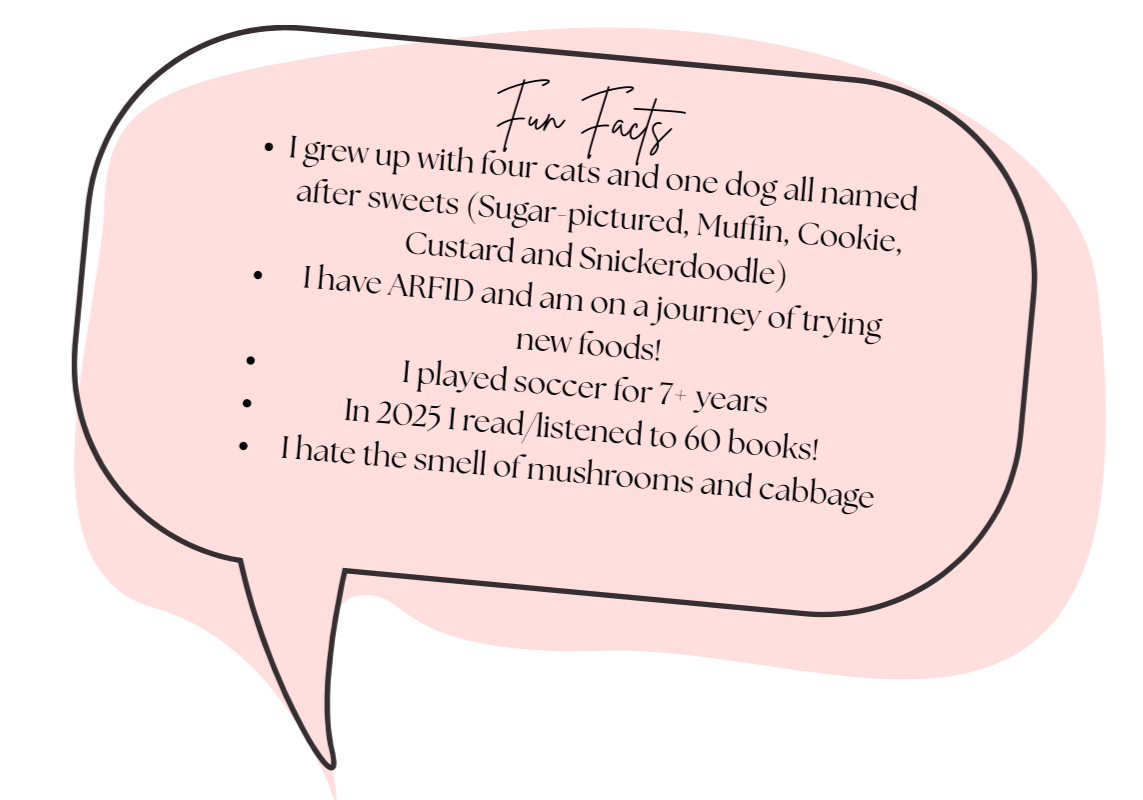 Pink speech bubble with black outline containing fun facts about the person, including childhood pets, ARFID, playing soccer for over 7 years, reading 60 books in 2025, and disliking the smell of mushrooms and cabbage.