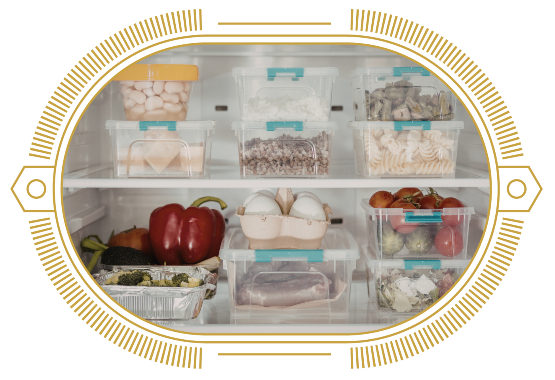 Open refrigerator door revealing various food items in containers, including vegetables, eggs, cheese, and processed foods on shelves.